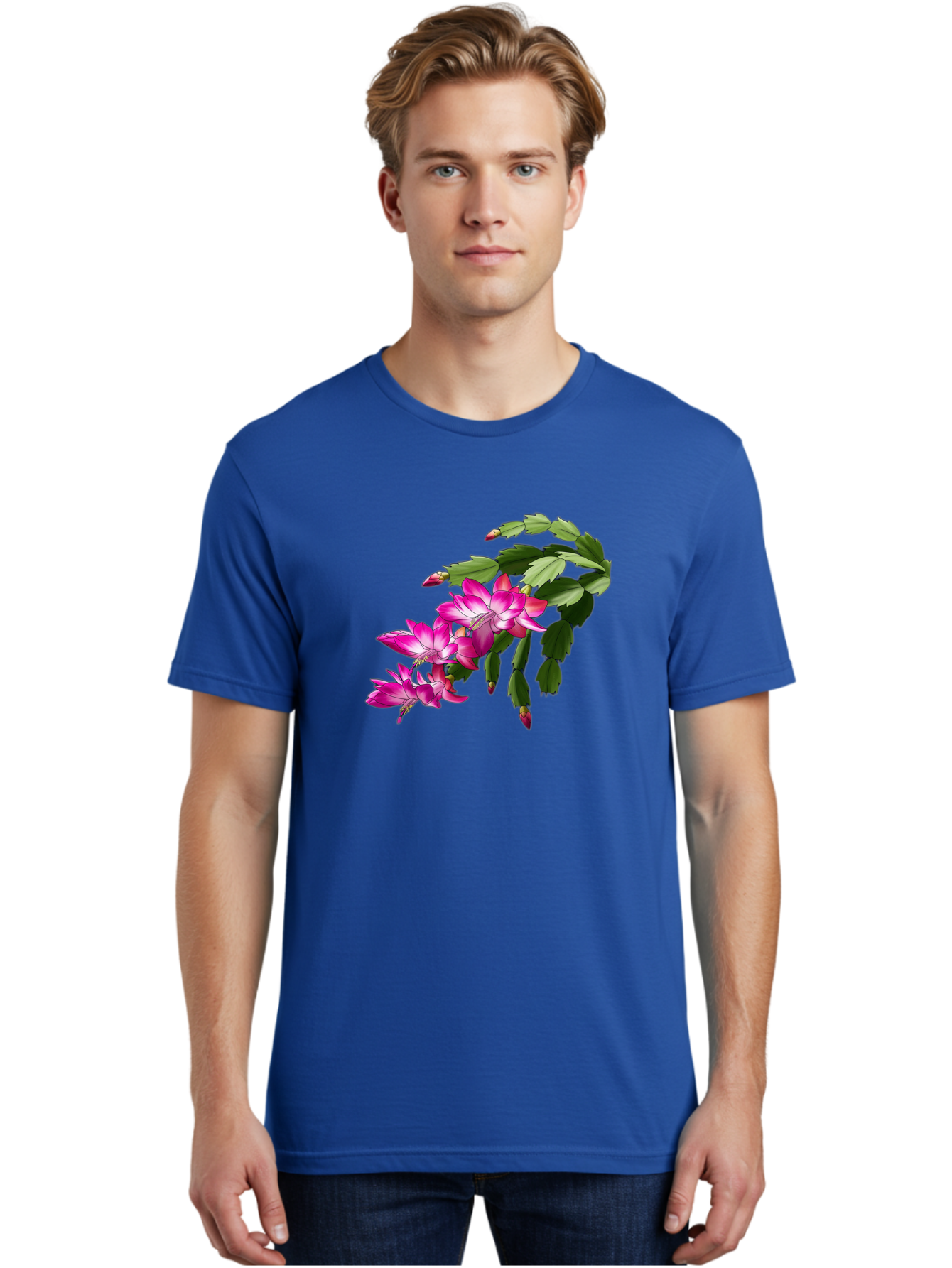 Christmas-Cactus Men'S Graphic Tee, 100% Cotton, Comfortable Casual Summer Wear, Machine Washable, Pink Flowers, Christmas Cactus, Festive Blooms, Holiday Decor, Vibrant Pink, White Accents, Green Leaves, Blooming Plants, Floral Arrangements Bac849