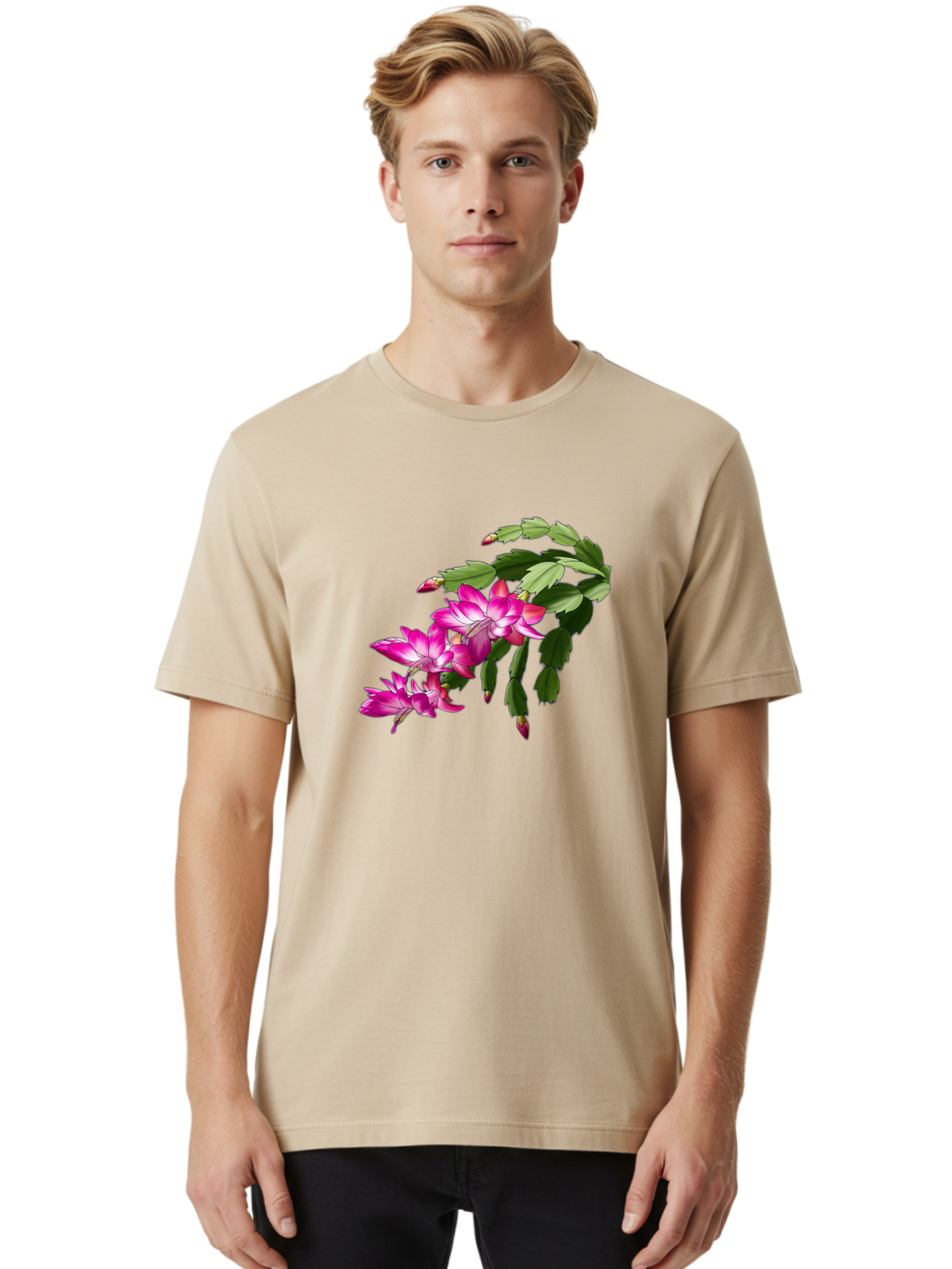 Christmas-Cactus Men'S Graphic Tee, 100% Cotton, Comfortable Casual Summer Wear, Machine Washable, Pink Flowers, Christmas Cactus, Festive Blooms, Holiday Decor, Vibrant Pink, White Accents, Green Leaves, Blooming Plants, Floral Arrangements Bac849