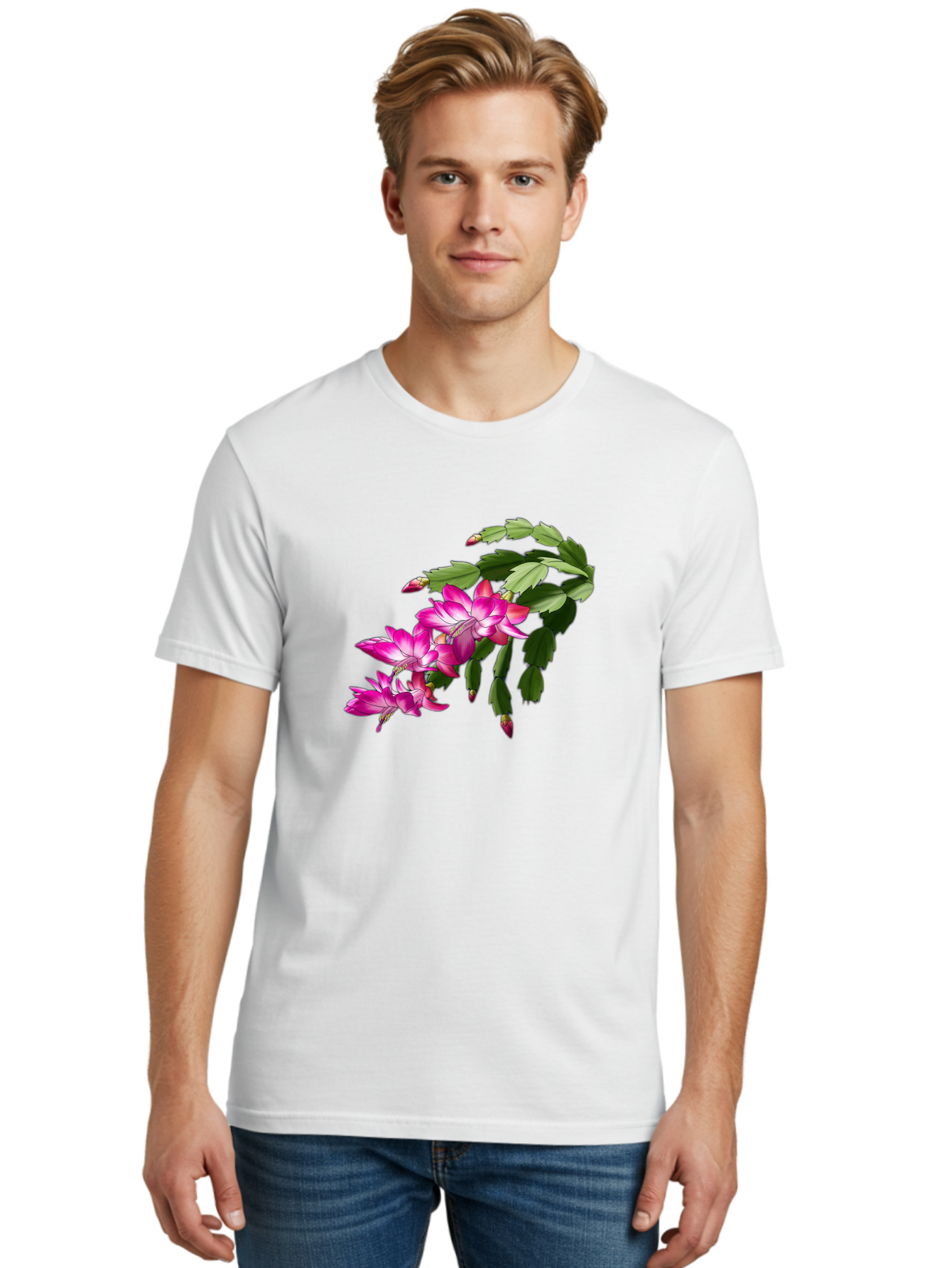 Christmas-Cactus Men'S Graphic Tee, 100% Cotton, Comfortable Casual Summer Wear, Machine Washable, Pink Flowers, Christmas Cactus, Festive Blooms, Holiday Decor, Vibrant Pink, White Accents, Green Leaves, Blooming Plants, Floral Arrangements Bac849