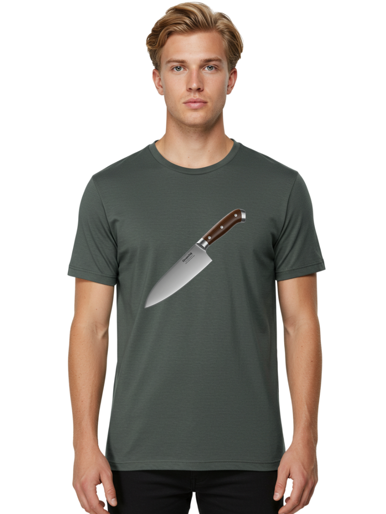 Christofle-Knife Men'S Graphic Tee, 100% Cotton, Comfortable Casual Summer Wear, Machine Washable, Sharp Chef Knife, Stainless Steel Blade, Brown Handle, Silver Rivets, Kitchen Utensil, Cooking Tool, Professional Chef Knife, Sharp Edge Bac850