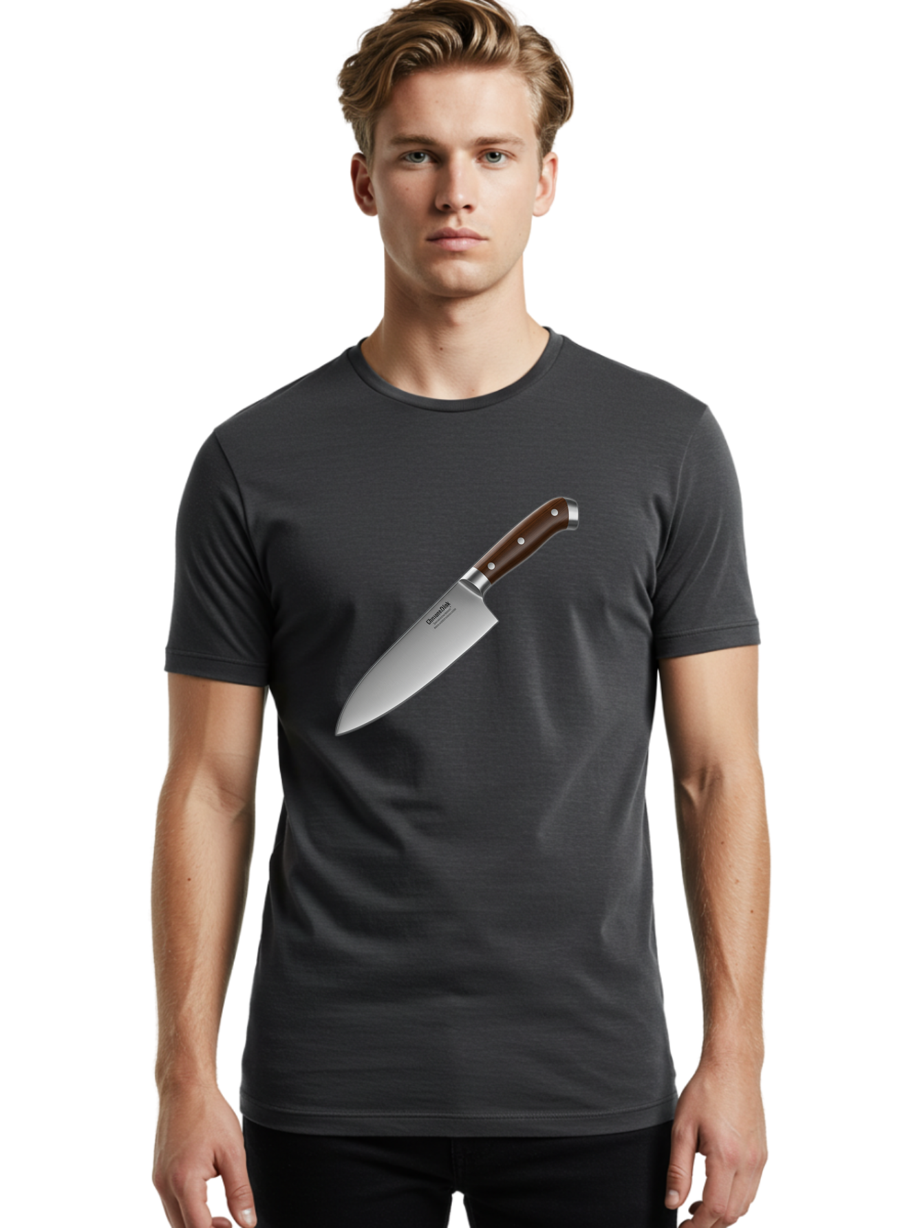 Christofle-Knife Men'S Graphic Tee, 100% Cotton, Comfortable Casual Summer Wear, Machine Washable, Sharp Chef Knife, Stainless Steel Blade, Brown Handle, Silver Rivets, Kitchen Utensil, Cooking Tool, Professional Chef Knife, Sharp Edge Bac850