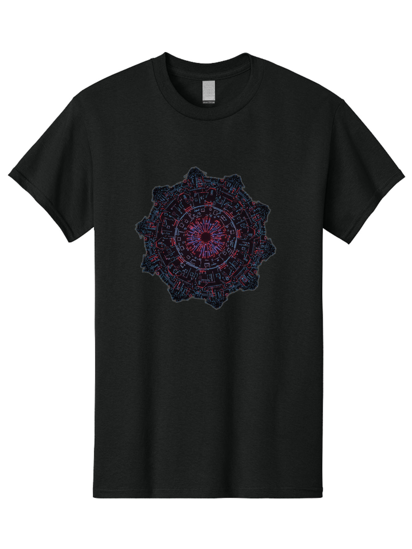 Circuit-Mandala Men'S Graphic Tee, 100% Cotton, Comfortable Casual Summer Wear, Machine Washable, Intricate Circuit Design, Futuristic Mandala, Electronic Art, Digital Pattern, Neon Lights, Abstract Technology, Cyberpunk, Sci-Fi Elements, Bac851
