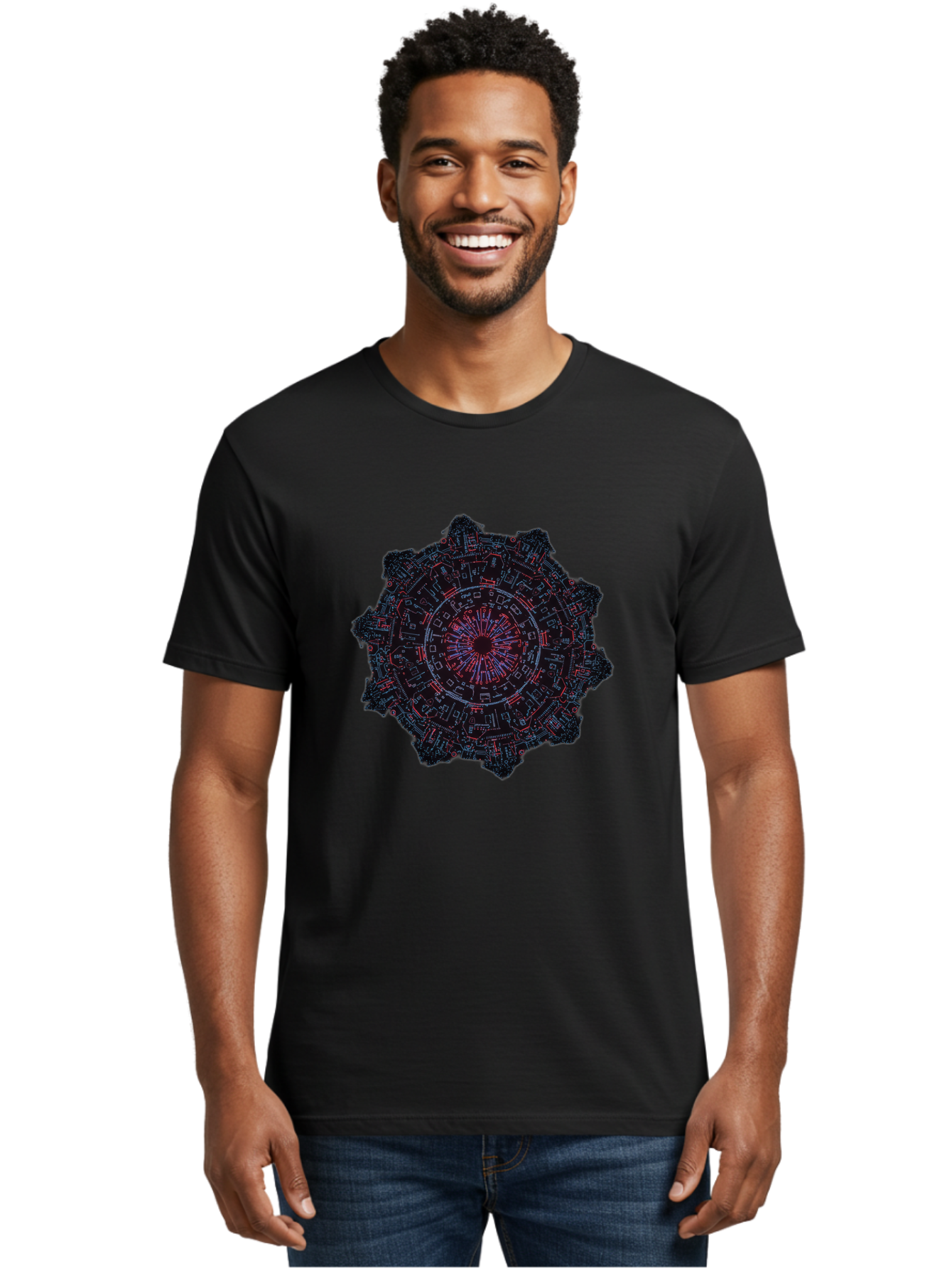 Circuit-Mandala Men'S Graphic Tee, 100% Cotton, Comfortable Casual Summer Wear, Machine Washable, Intricate Circuit Design, Futuristic Mandala, Electronic Art, Digital Pattern, Neon Lights, Abstract Technology, Cyberpunk, Sci-Fi Elements, Bac851