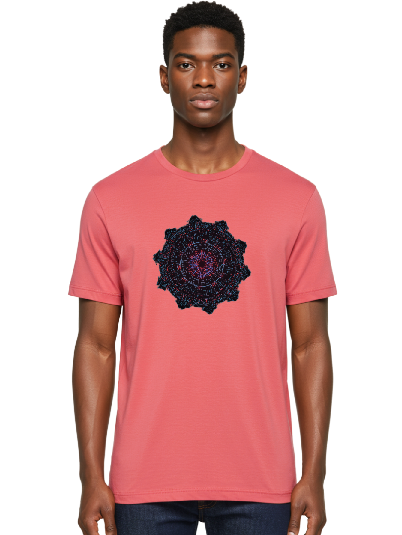Circuit-Mandala Men'S Graphic Tee, 100% Cotton, Comfortable Casual Summer Wear, Machine Washable, Intricate Circuit Design, Futuristic Mandala, Electronic Art, Digital Pattern, Neon Lights, Abstract Technology, Cyberpunk, Sci-Fi Elements, Bac851