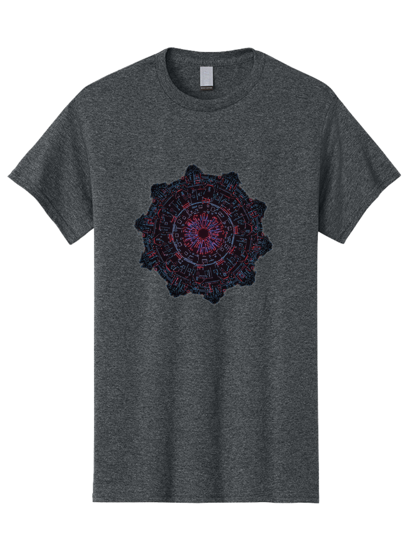 Circuit-Mandala Men'S Graphic Tee, 100% Cotton, Comfortable Casual Summer Wear, Machine Washable, Intricate Circuit Design, Futuristic Mandala, Electronic Art, Digital Pattern, Neon Lights, Abstract Technology, Cyberpunk, Sci-Fi Elements, Bac851