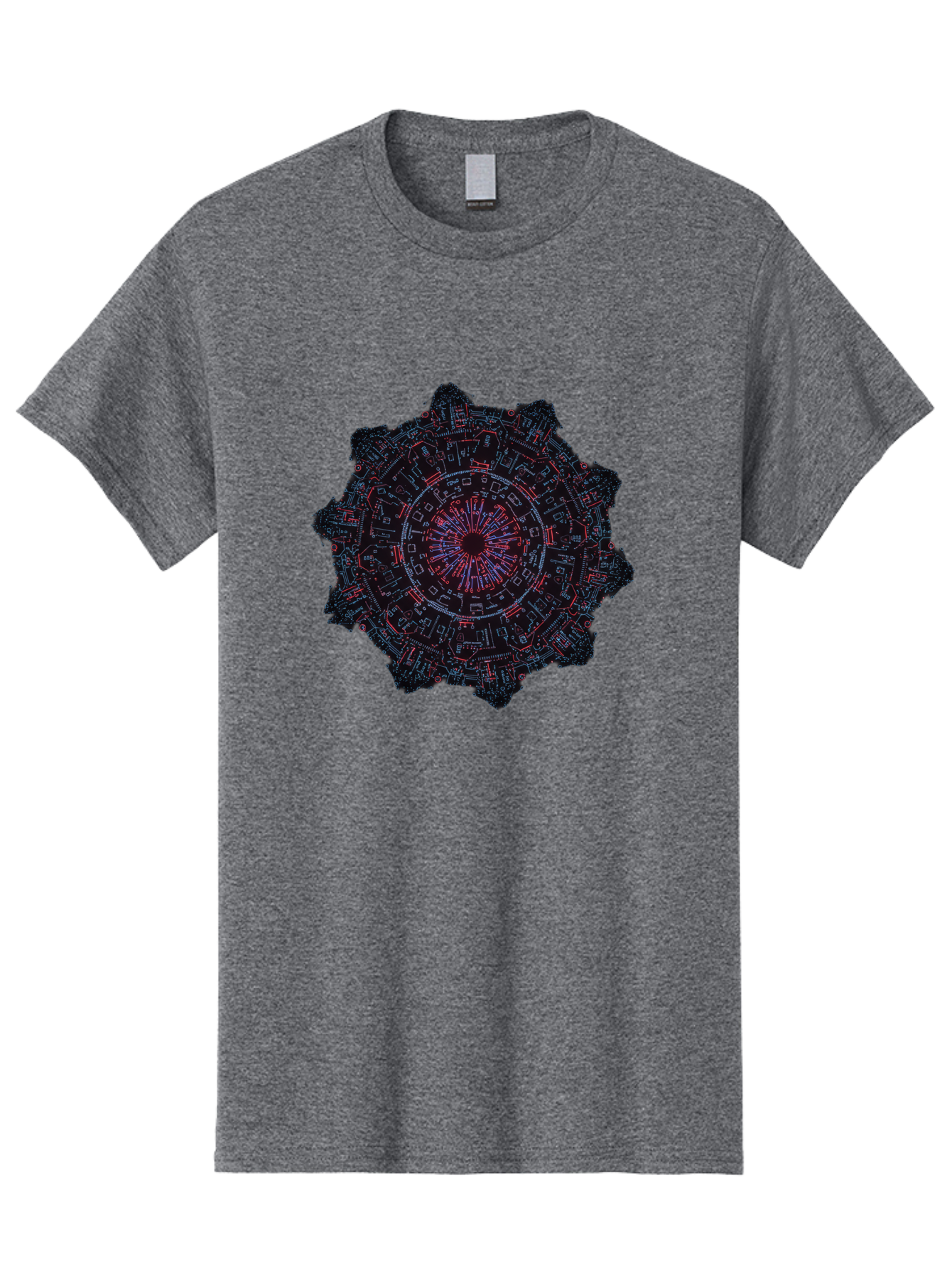 Circuit-Mandala Men'S Graphic Tee, 100% Cotton, Comfortable Casual Summer Wear, Machine Washable, Intricate Circuit Design, Futuristic Mandala, Electronic Art, Digital Pattern, Neon Lights, Abstract Technology, Cyberpunk, Sci-Fi Elements, Bac851