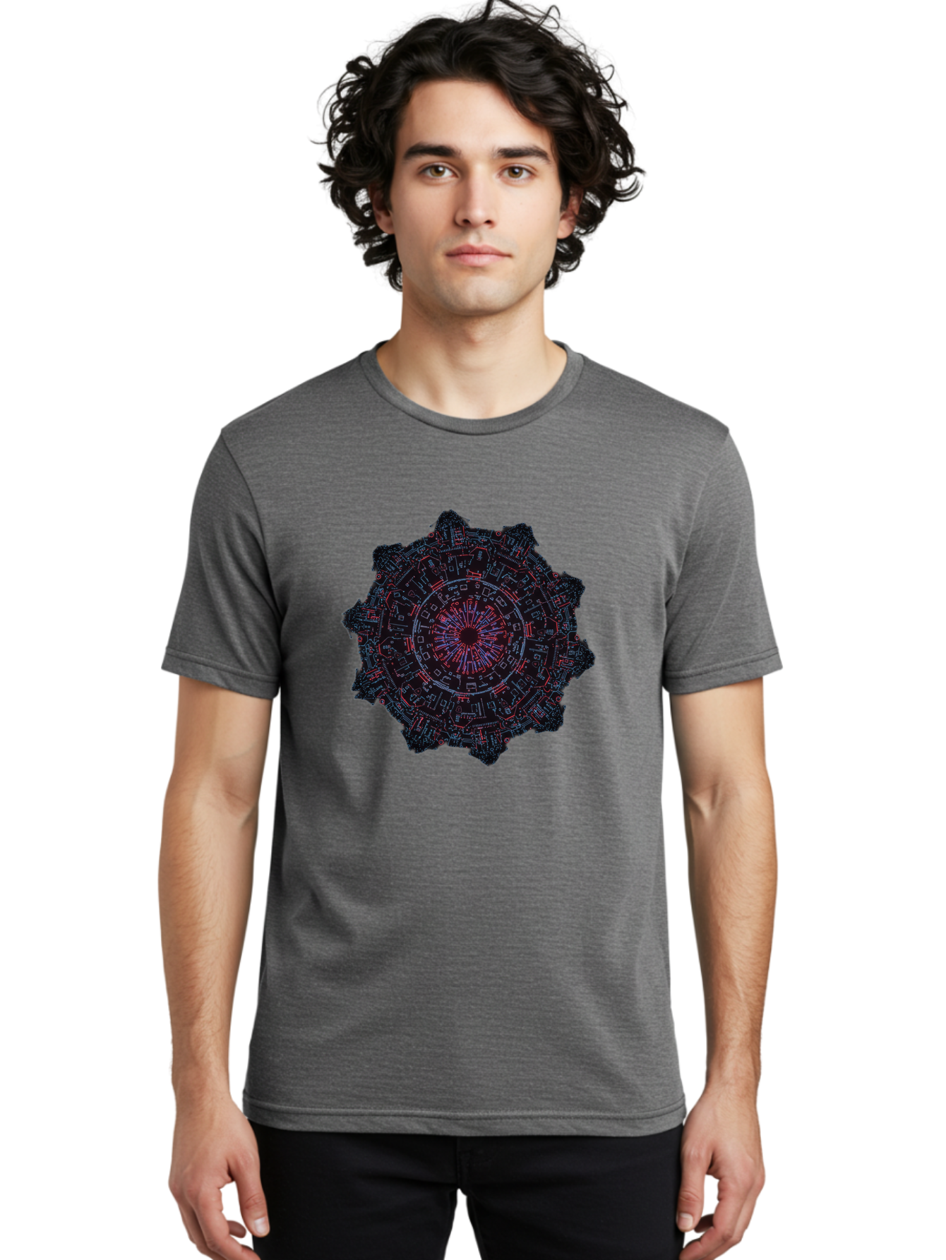 Circuit-Mandala Men'S Graphic Tee, 100% Cotton, Comfortable Casual Summer Wear, Machine Washable, Intricate Circuit Design, Futuristic Mandala, Electronic Art, Digital Pattern, Neon Lights, Abstract Technology, Cyberpunk, Sci-Fi Elements, Bac851