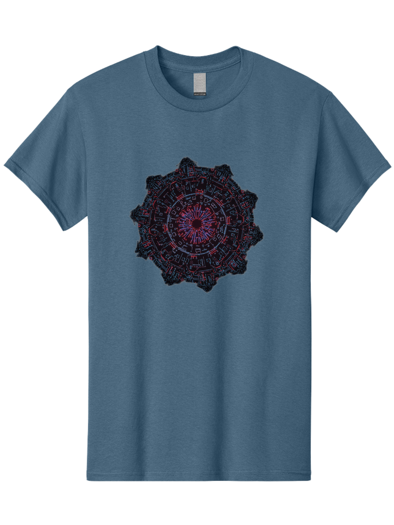 Circuit-Mandala Men'S Graphic Tee, 100% Cotton, Comfortable Casual Summer Wear, Machine Washable, Intricate Circuit Design, Futuristic Mandala, Electronic Art, Digital Pattern, Neon Lights, Abstract Technology, Cyberpunk, Sci-Fi Elements, Bac851