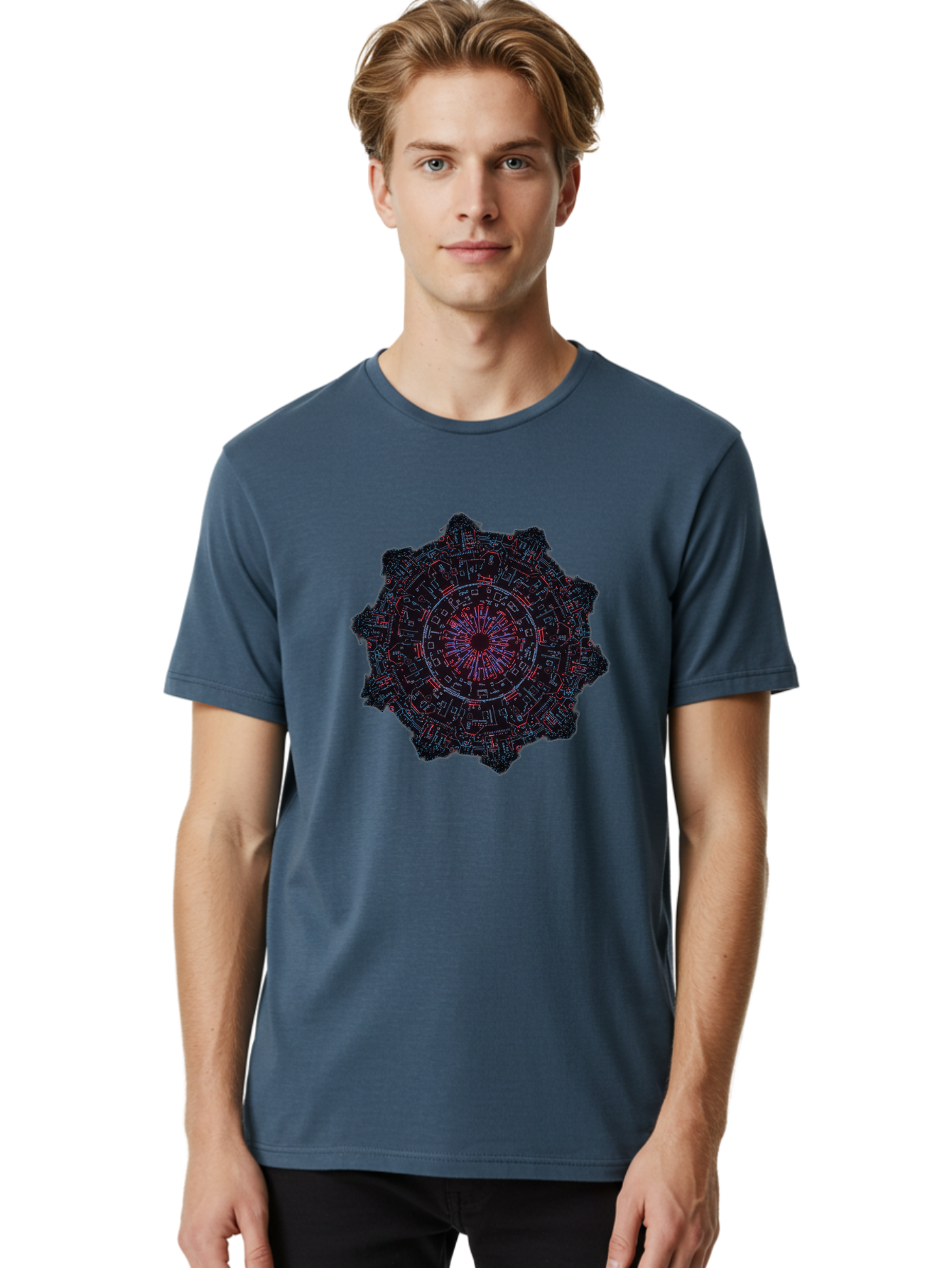 Circuit-Mandala Men'S Graphic Tee, 100% Cotton, Comfortable Casual Summer Wear, Machine Washable, Intricate Circuit Design, Futuristic Mandala, Electronic Art, Digital Pattern, Neon Lights, Abstract Technology, Cyberpunk, Sci-Fi Elements, Bac851