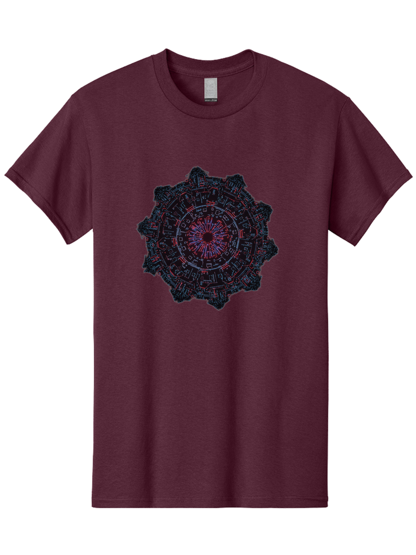 Circuit-Mandala Men'S Graphic Tee, 100% Cotton, Comfortable Casual Summer Wear, Machine Washable, Intricate Circuit Design, Futuristic Mandala, Electronic Art, Digital Pattern, Neon Lights, Abstract Technology, Cyberpunk, Sci-Fi Elements, Bac851
