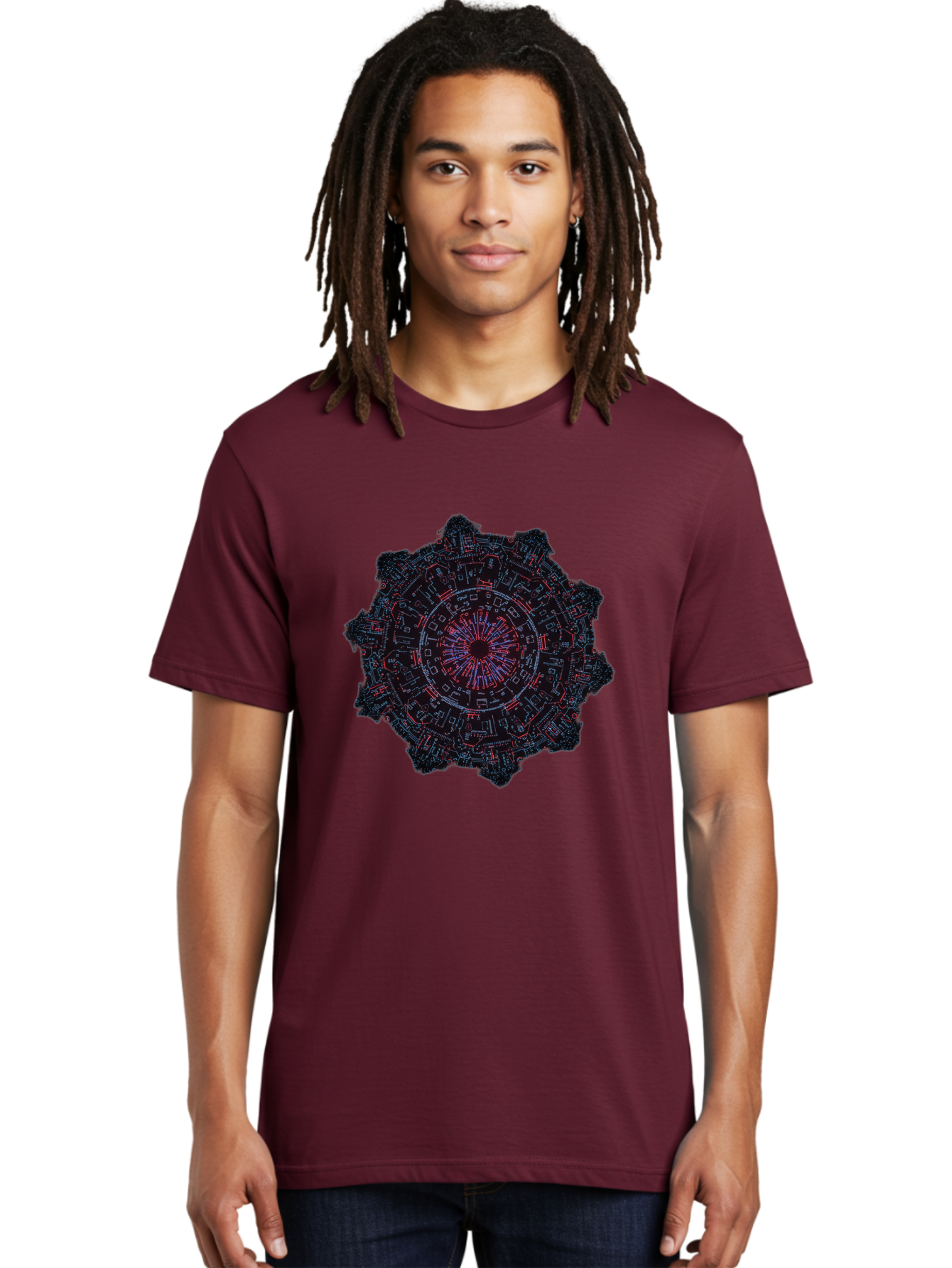Circuit-Mandala Men'S Graphic Tee, 100% Cotton, Comfortable Casual Summer Wear, Machine Washable, Intricate Circuit Design, Futuristic Mandala, Electronic Art, Digital Pattern, Neon Lights, Abstract Technology, Cyberpunk, Sci-Fi Elements, Bac851
