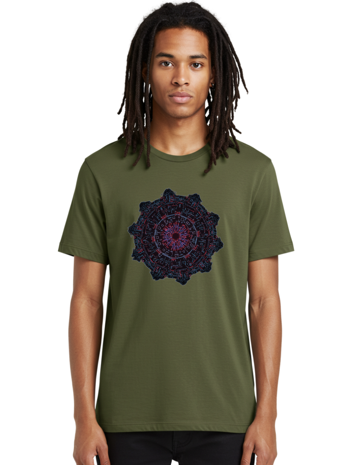 Circuit-Mandala Men'S Graphic Tee, 100% Cotton, Comfortable Casual Summer Wear, Machine Washable, Intricate Circuit Design, Futuristic Mandala, Electronic Art, Digital Pattern, Neon Lights, Abstract Technology, Cyberpunk, Sci-Fi Elements, Bac851
