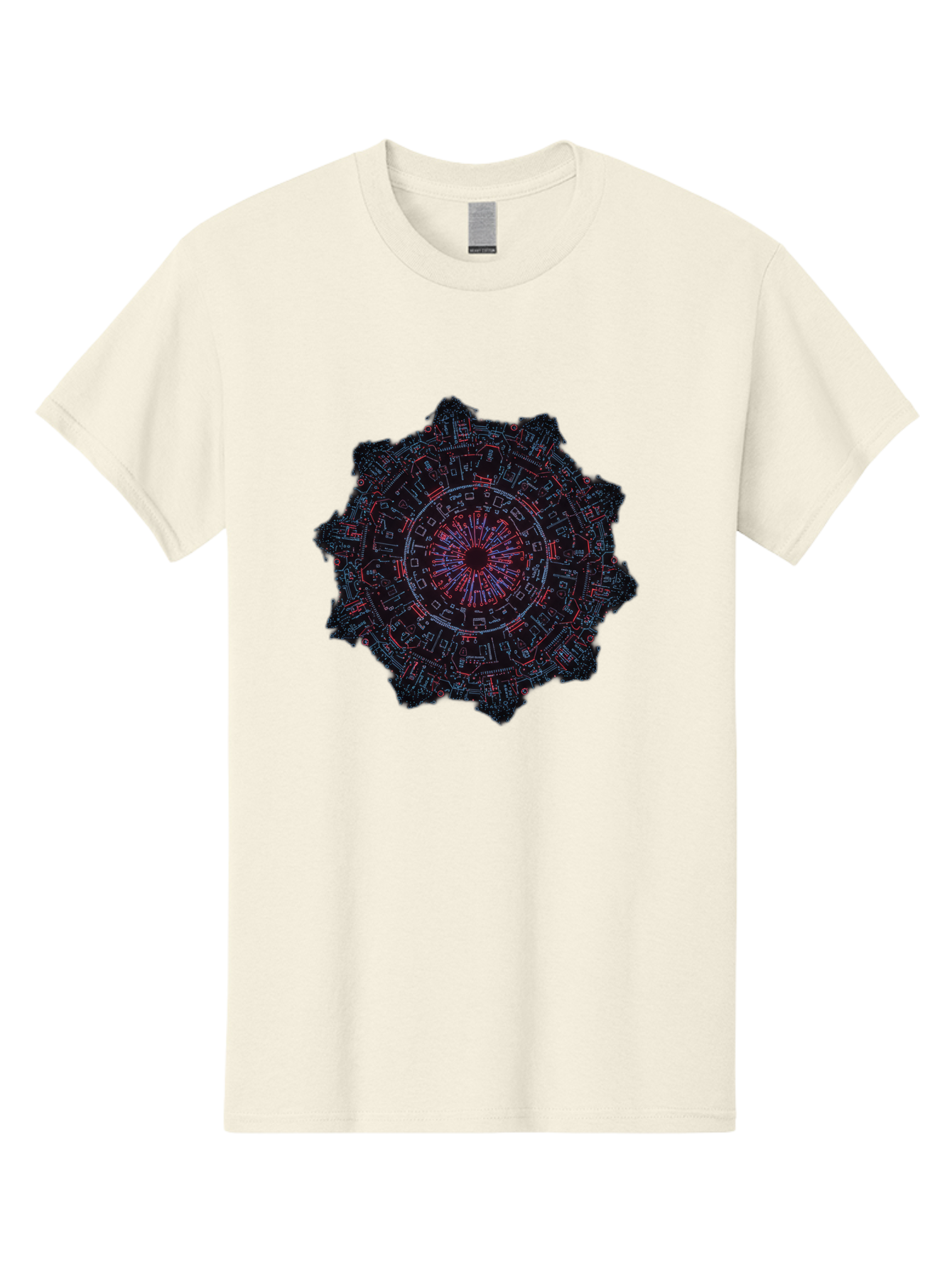 Circuit-Mandala Men'S Graphic Tee, 100% Cotton, Comfortable Casual Summer Wear, Machine Washable, Intricate Circuit Design, Futuristic Mandala, Electronic Art, Digital Pattern, Neon Lights, Abstract Technology, Cyberpunk, Sci-Fi Elements, Bac851