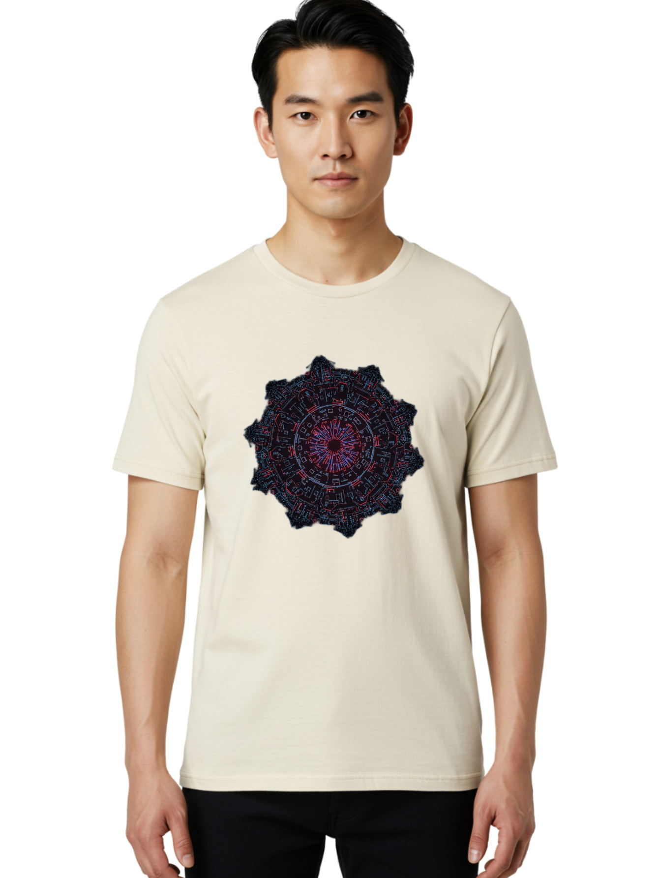 Circuit-Mandala Men'S Graphic Tee, 100% Cotton, Comfortable Casual Summer Wear, Machine Washable, Intricate Circuit Design, Futuristic Mandala, Electronic Art, Digital Pattern, Neon Lights, Abstract Technology, Cyberpunk, Sci-Fi Elements, Bac851