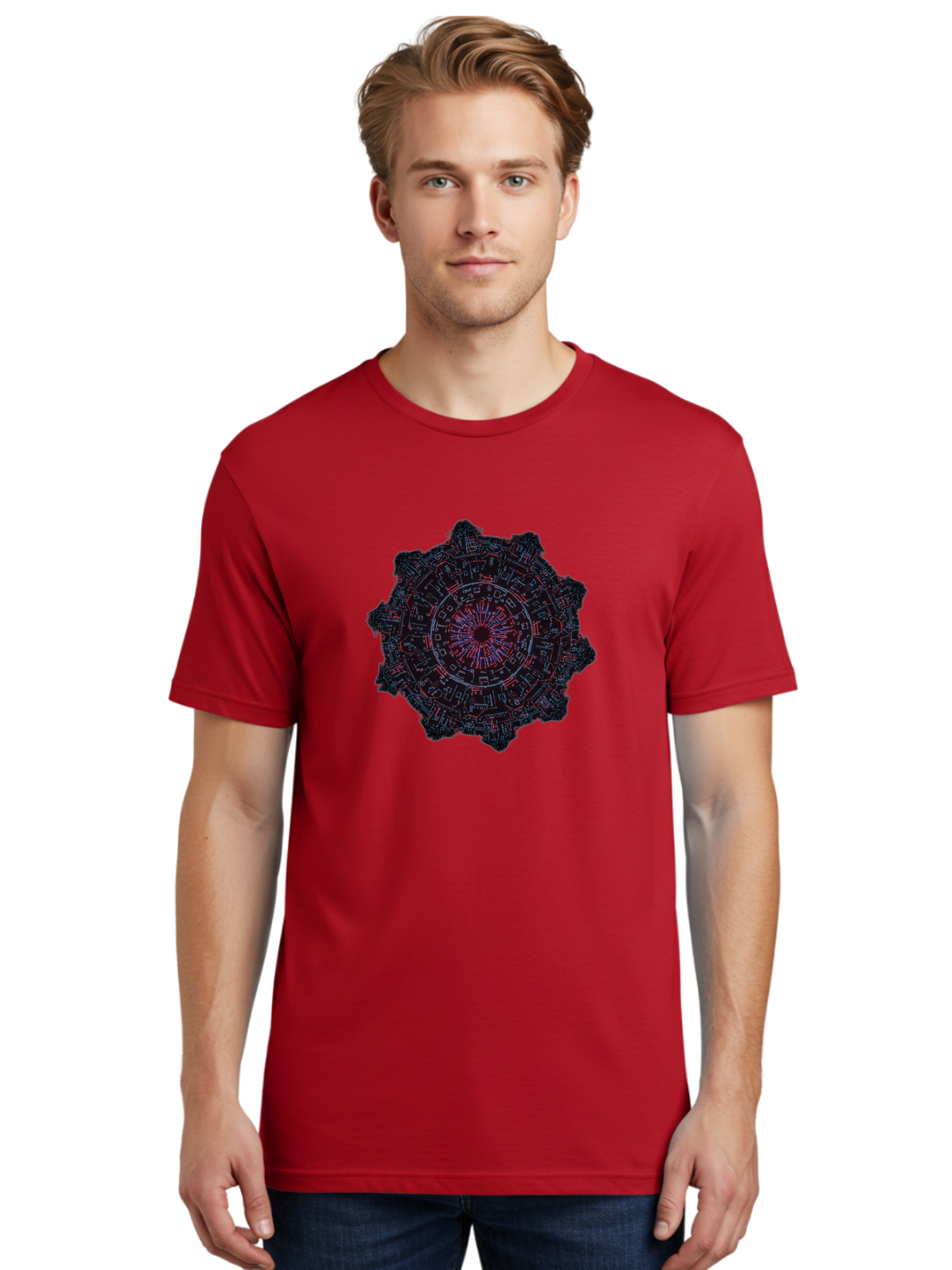 Circuit-Mandala Men'S Graphic Tee, 100% Cotton, Comfortable Casual Summer Wear, Machine Washable, Intricate Circuit Design, Futuristic Mandala, Electronic Art, Digital Pattern, Neon Lights, Abstract Technology, Cyberpunk, Sci-Fi Elements, Bac851