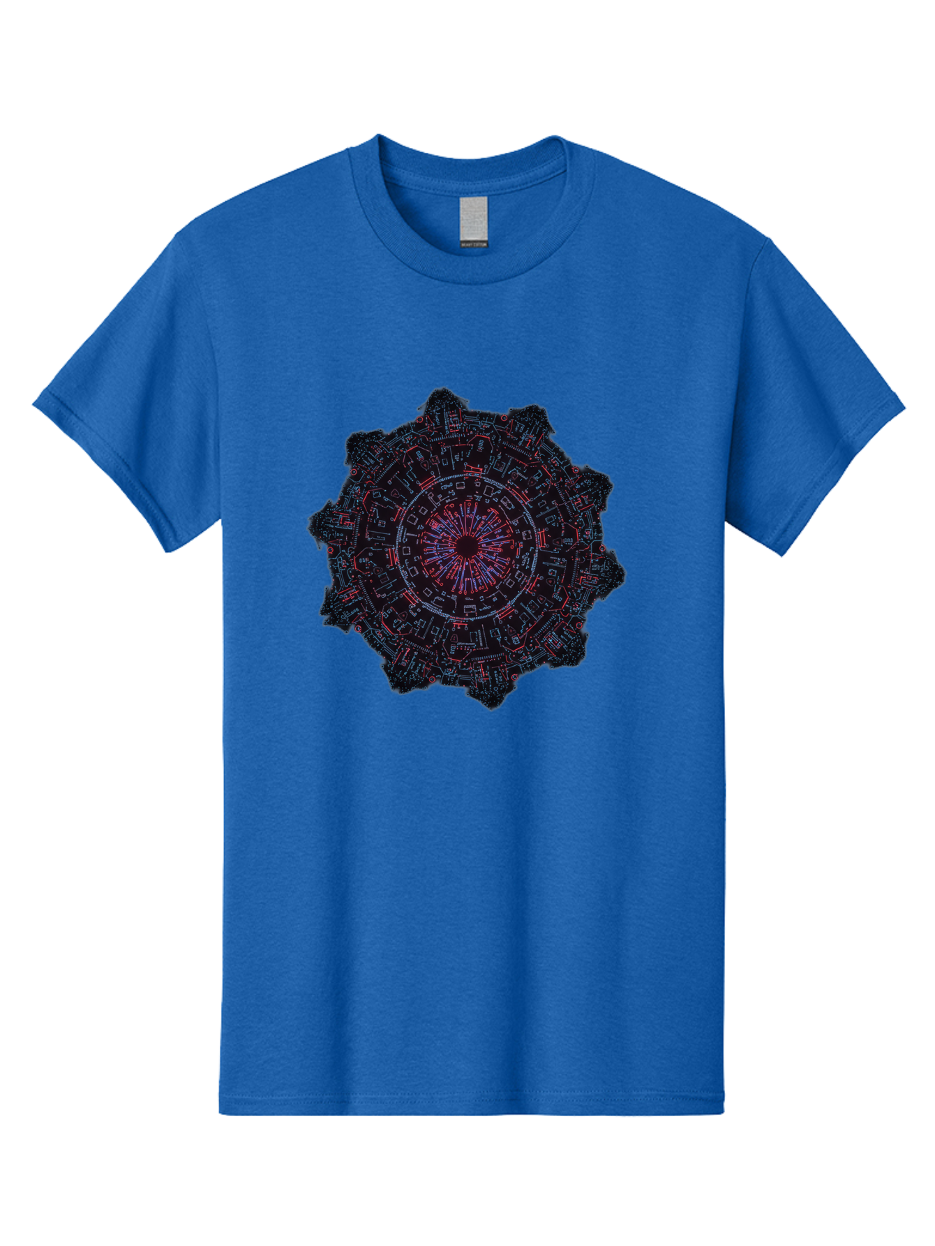Circuit-Mandala Men'S Graphic Tee, 100% Cotton, Comfortable Casual Summer Wear, Machine Washable, Intricate Circuit Design, Futuristic Mandala, Electronic Art, Digital Pattern, Neon Lights, Abstract Technology, Cyberpunk, Sci-Fi Elements, Bac851