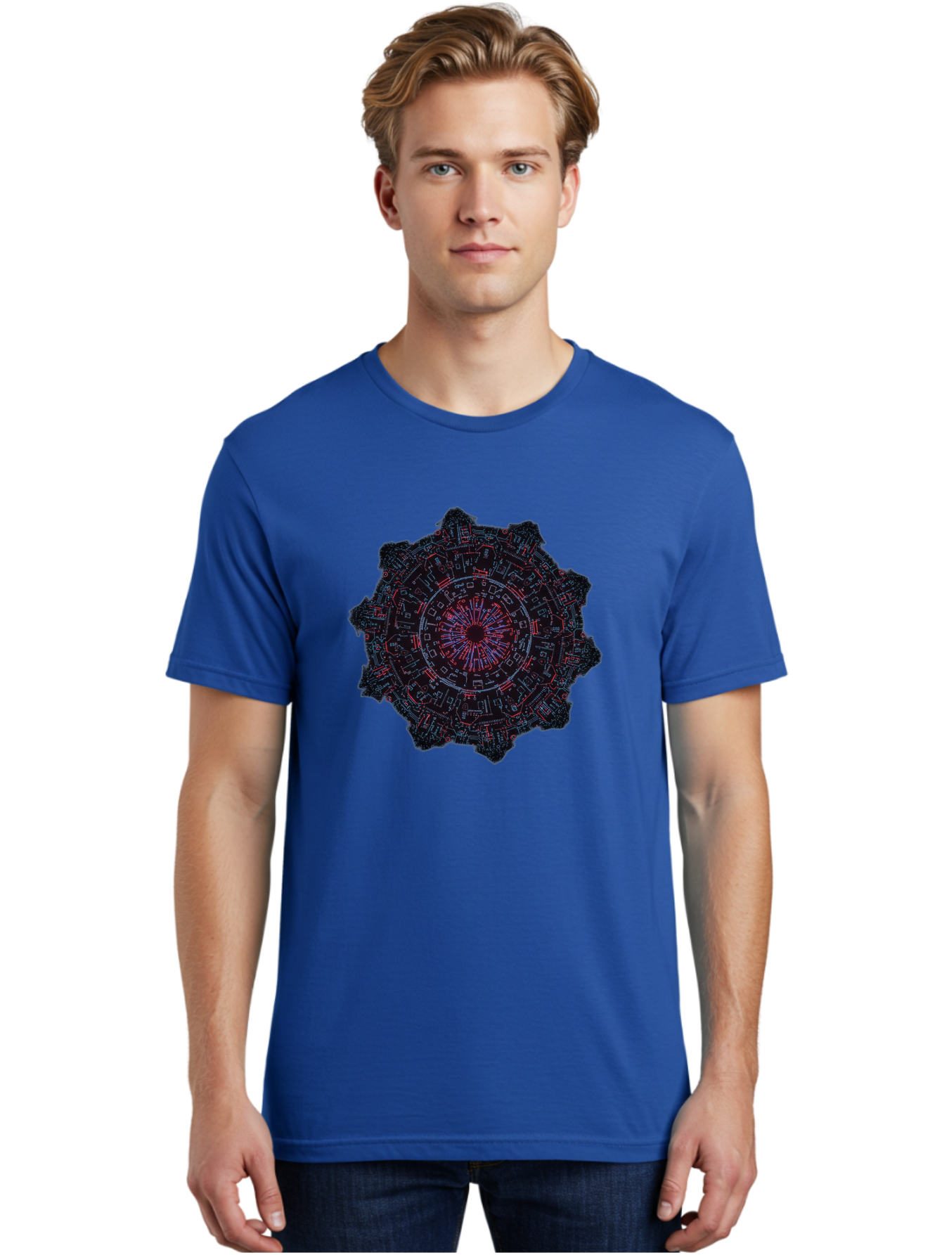 Circuit-Mandala Men'S Graphic Tee, 100% Cotton, Comfortable Casual Summer Wear, Machine Washable, Intricate Circuit Design, Futuristic Mandala, Electronic Art, Digital Pattern, Neon Lights, Abstract Technology, Cyberpunk, Sci-Fi Elements, Bac851