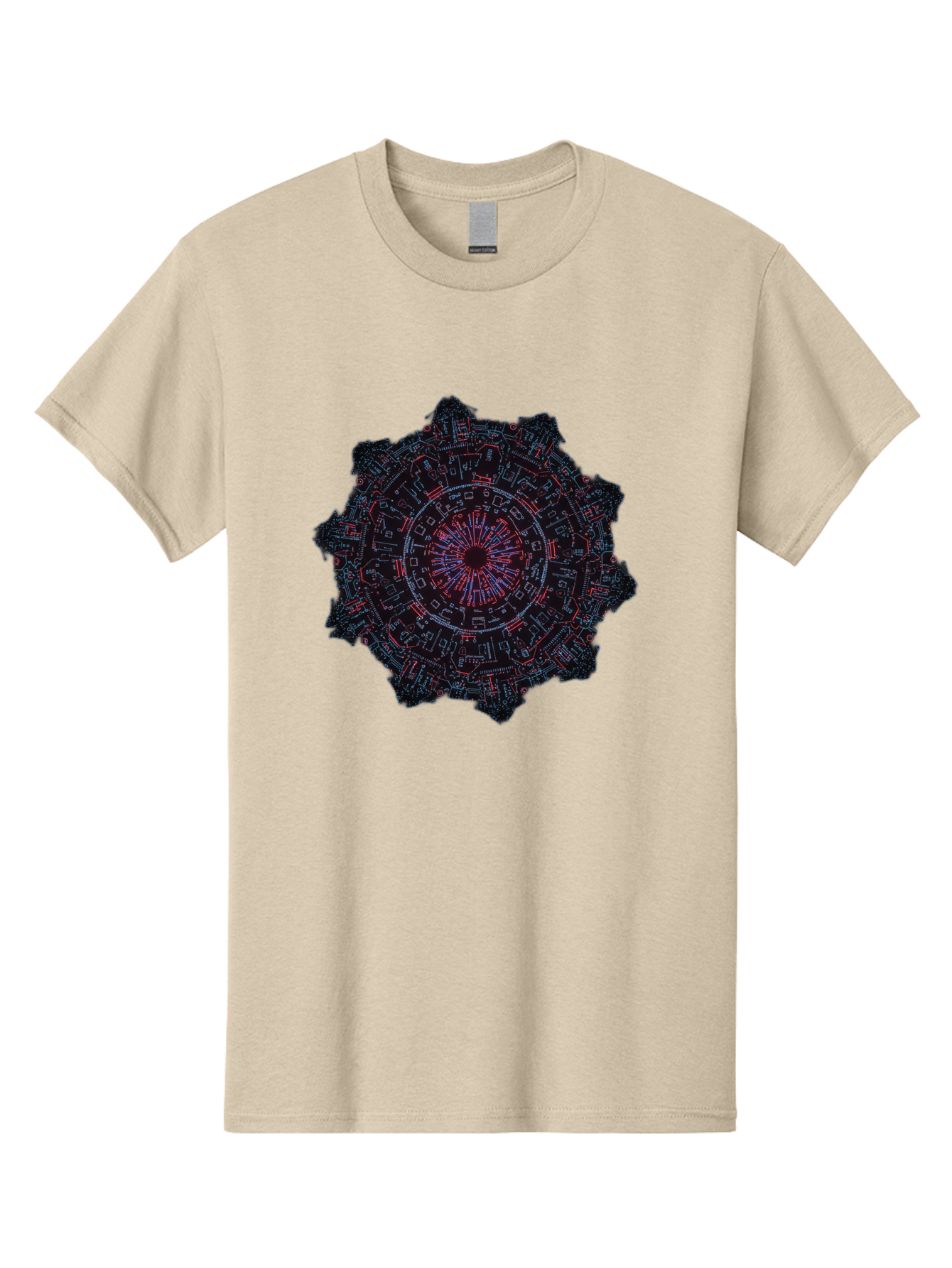 Circuit-Mandala Men'S Graphic Tee, 100% Cotton, Comfortable Casual Summer Wear, Machine Washable, Intricate Circuit Design, Futuristic Mandala, Electronic Art, Digital Pattern, Neon Lights, Abstract Technology, Cyberpunk, Sci-Fi Elements, Bac851