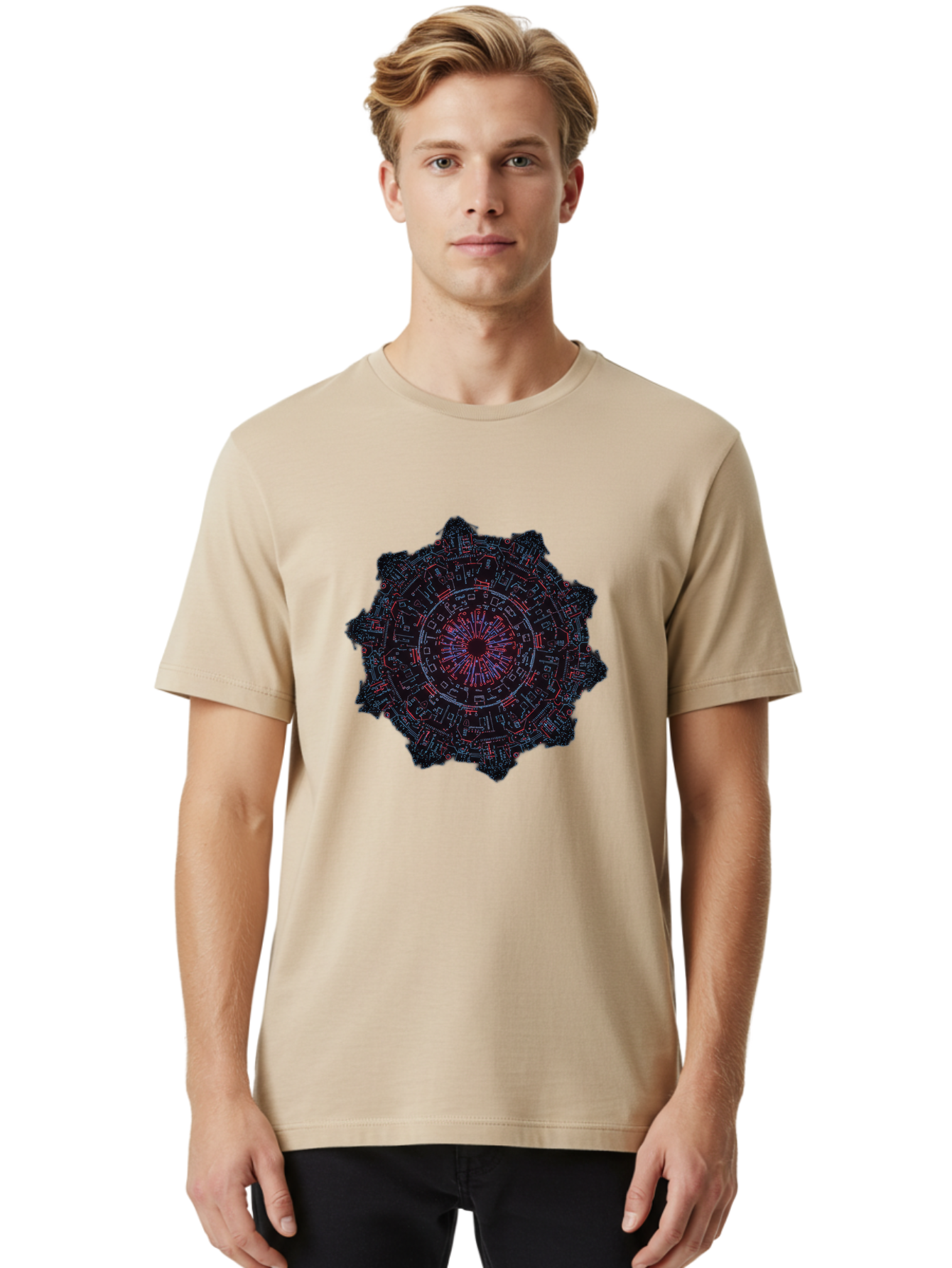 Circuit-Mandala Men'S Graphic Tee, 100% Cotton, Comfortable Casual Summer Wear, Machine Washable, Intricate Circuit Design, Futuristic Mandala, Electronic Art, Digital Pattern, Neon Lights, Abstract Technology, Cyberpunk, Sci-Fi Elements, Bac851