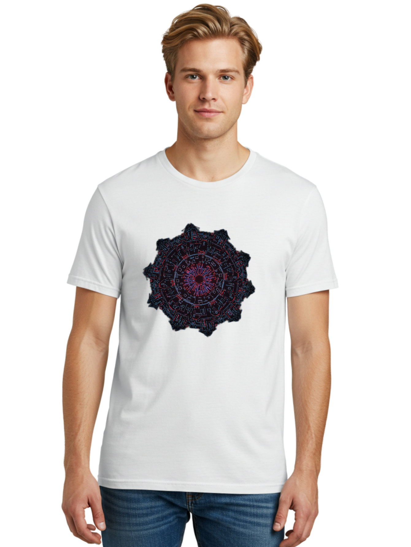 Circuit-Mandala Men'S Graphic Tee, 100% Cotton, Comfortable Casual Summer Wear, Machine Washable, Intricate Circuit Design, Futuristic Mandala, Electronic Art, Digital Pattern, Neon Lights, Abstract Technology, Cyberpunk, Sci-Fi Elements, Bac851
