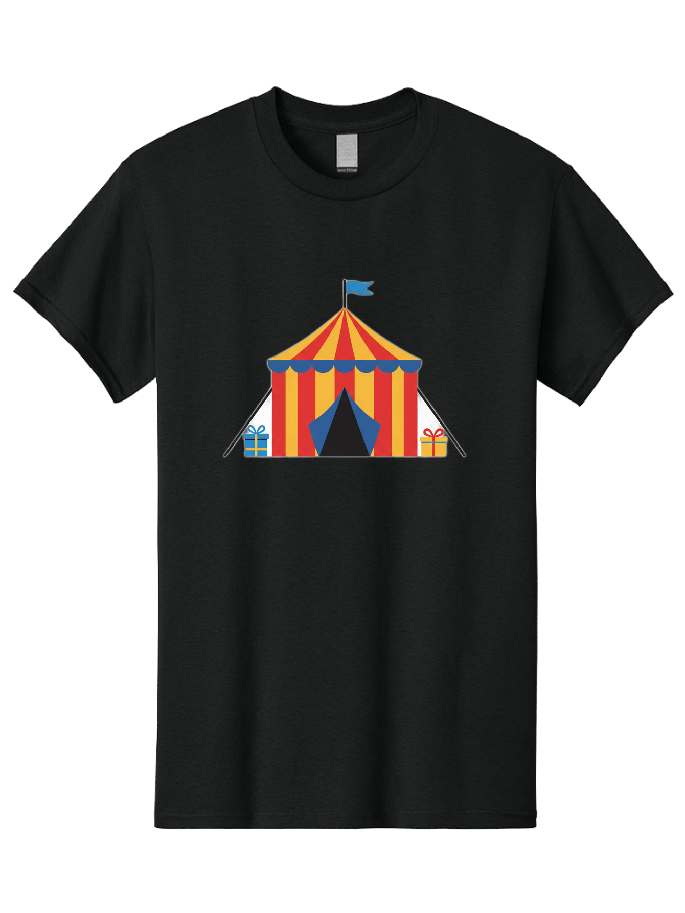 Circus-Tent-1 Men'S Graphic Tee, 100% Cotton, Comfortable Casual Summer Wear, Machine Washable, Circus Tent, Red And Yellow Stripes, Blue Flag, Blue Awning, Gift Boxes, Carnival Atmosphere, Festive Decorations, Colorful Illustration, Bac852
