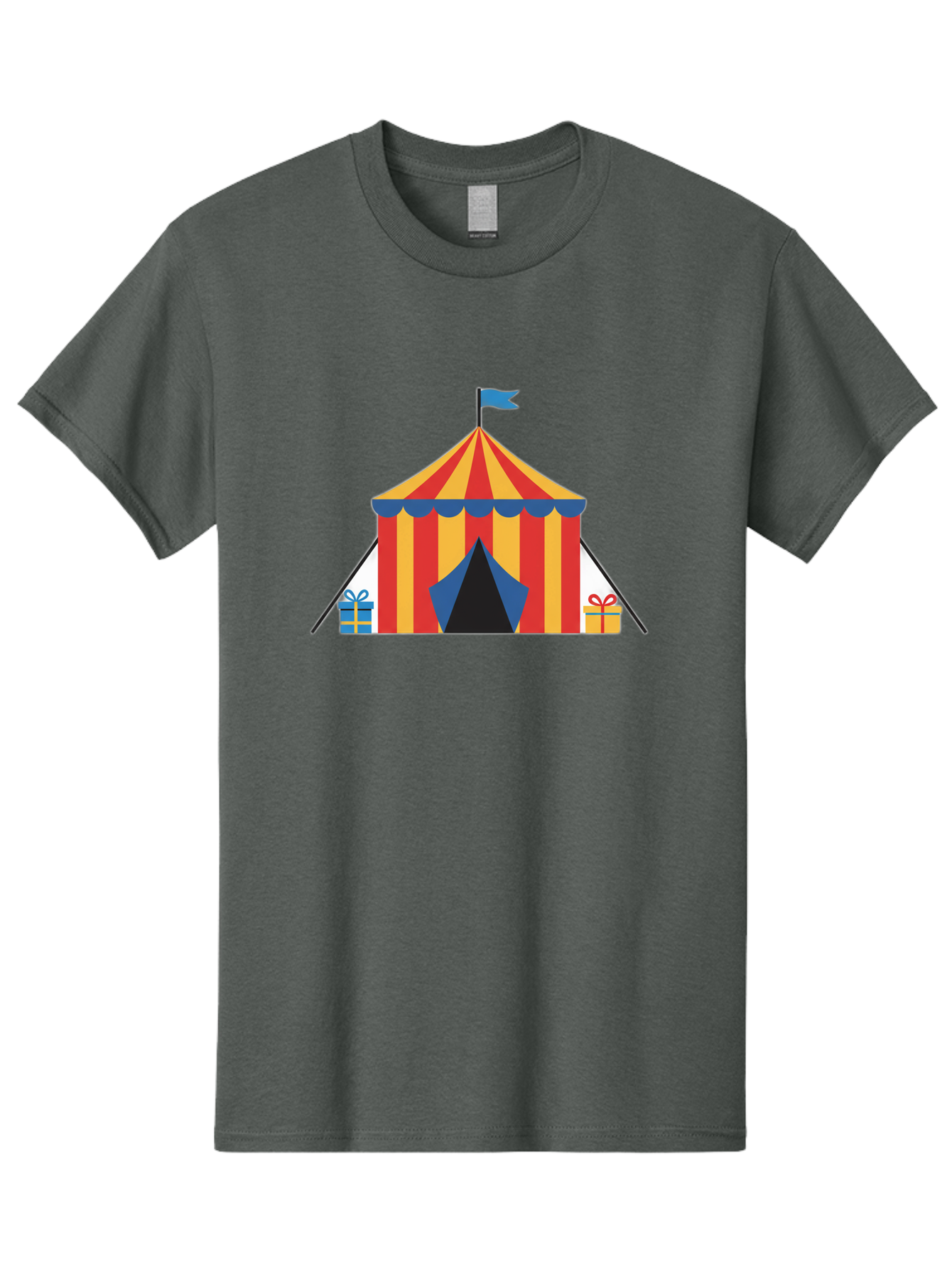 Circus-Tent-1 Men'S Graphic Tee, 100% Cotton, Comfortable Casual Summer Wear, Machine Washable, Circus Tent, Red And Yellow Stripes, Blue Flag, Blue Awning, Gift Boxes, Carnival Atmosphere, Festive Decorations, Colorful Illustration, Bac852