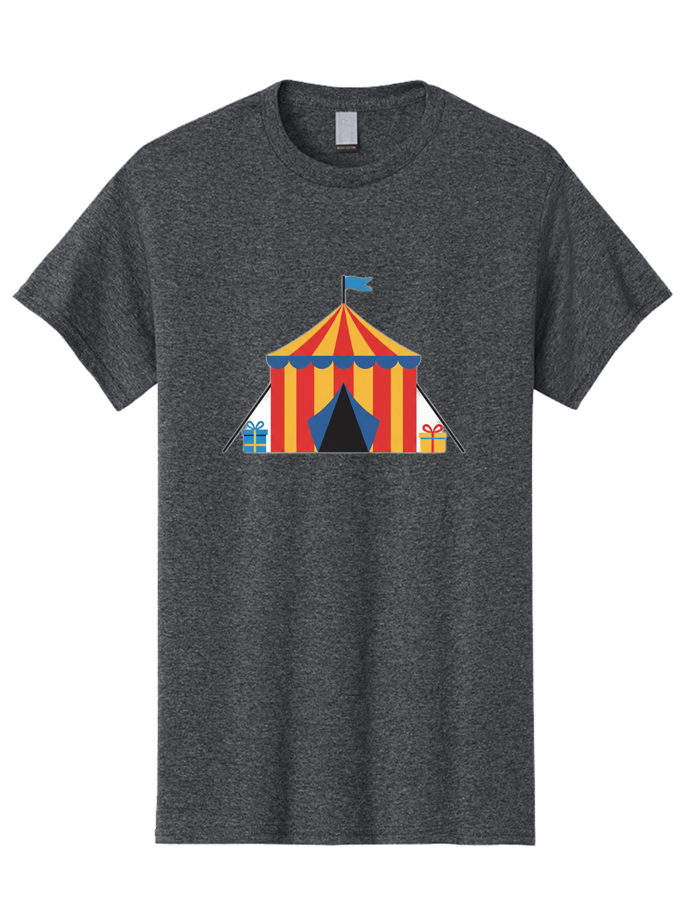 Circus-Tent-1 Men'S Graphic Tee, 100% Cotton, Comfortable Casual Summer Wear, Machine Washable, Circus Tent, Red And Yellow Stripes, Blue Flag, Blue Awning, Gift Boxes, Carnival Atmosphere, Festive Decorations, Colorful Illustration, Bac852