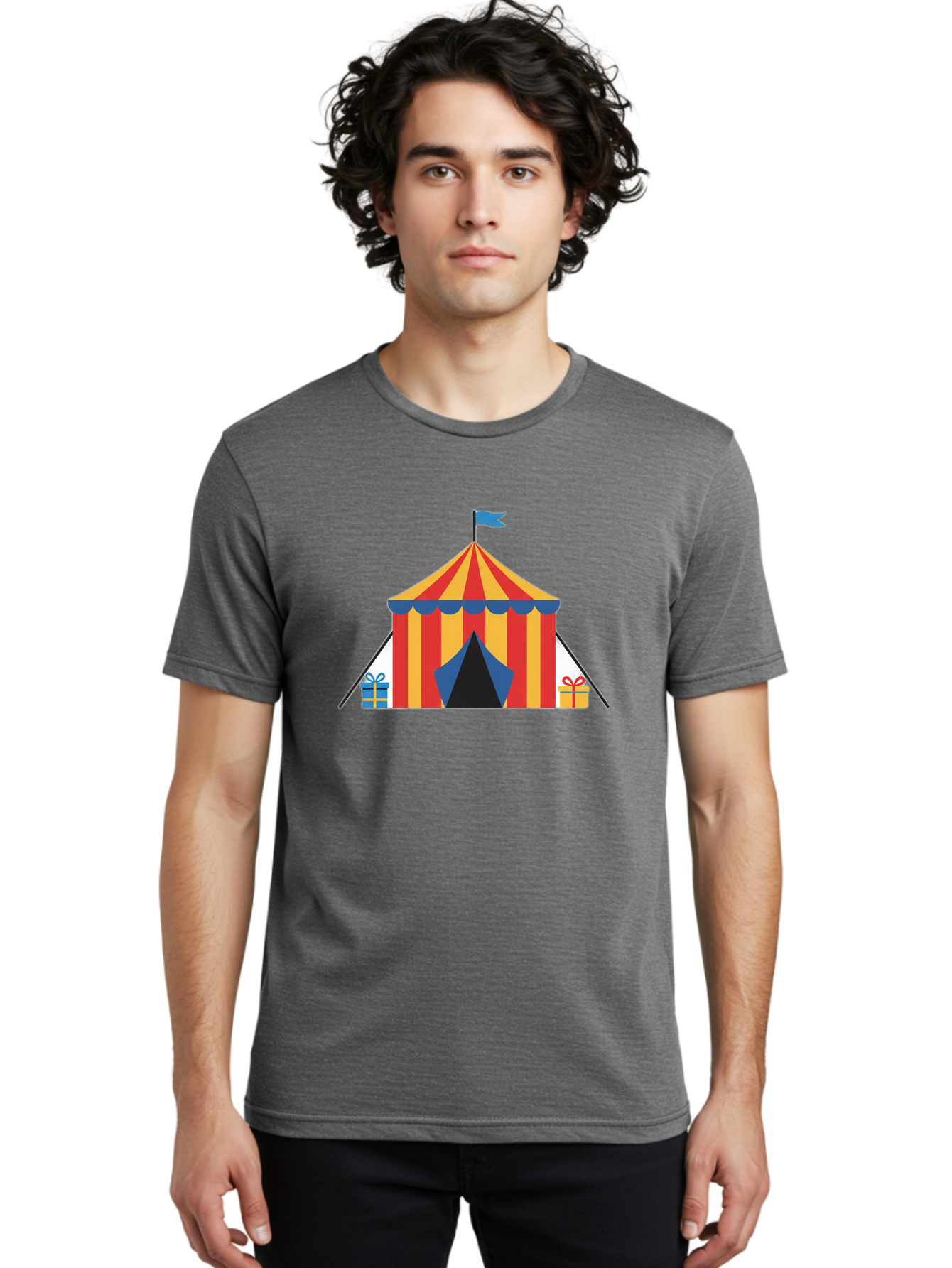 Circus-Tent-1 Men'S Graphic Tee, 100% Cotton, Comfortable Casual Summer Wear, Machine Washable, Circus Tent, Red And Yellow Stripes, Blue Flag, Blue Awning, Gift Boxes, Carnival Atmosphere, Festive Decorations, Colorful Illustration, Bac852