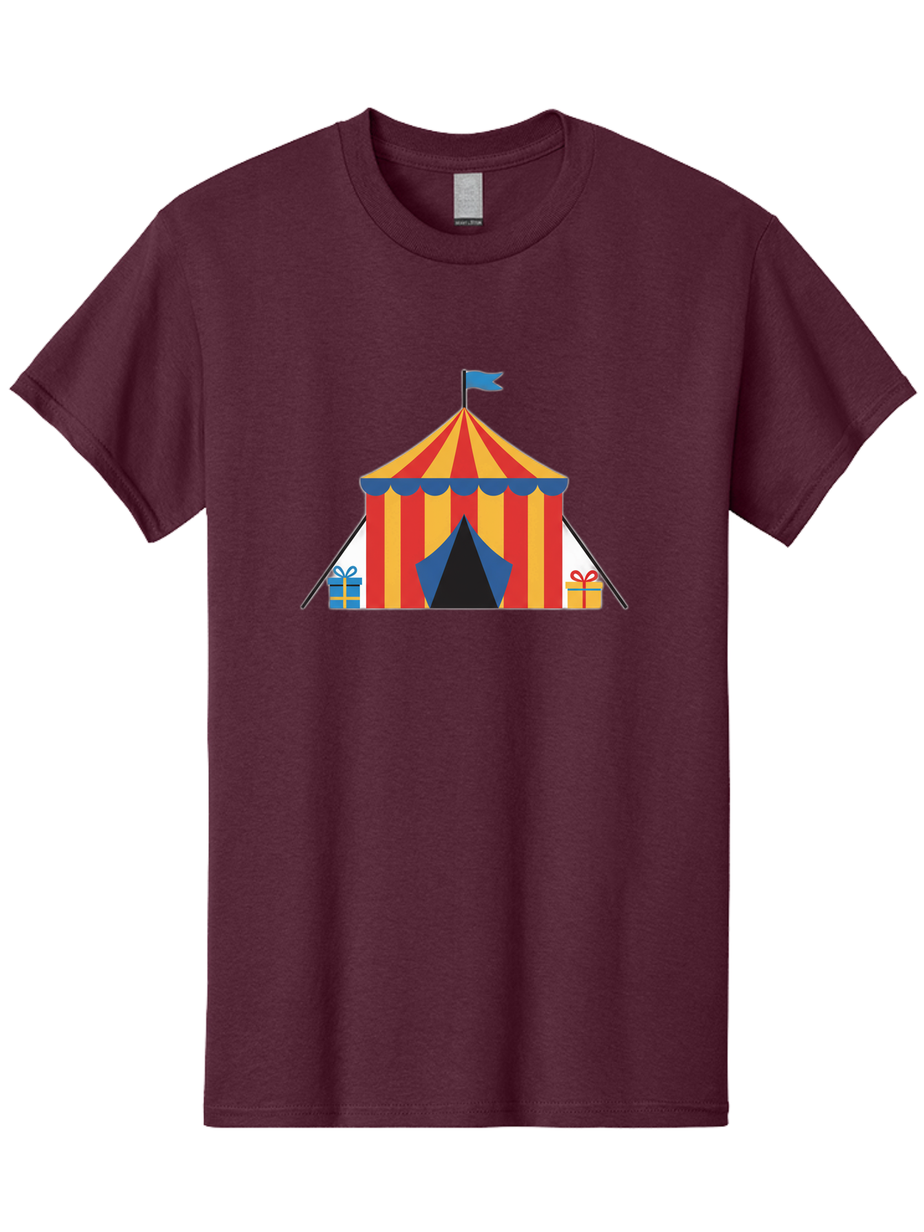 Circus-Tent-1 Men'S Graphic Tee, 100% Cotton, Comfortable Casual Summer Wear, Machine Washable, Circus Tent, Red And Yellow Stripes, Blue Flag, Blue Awning, Gift Boxes, Carnival Atmosphere, Festive Decorations, Colorful Illustration, Bac852