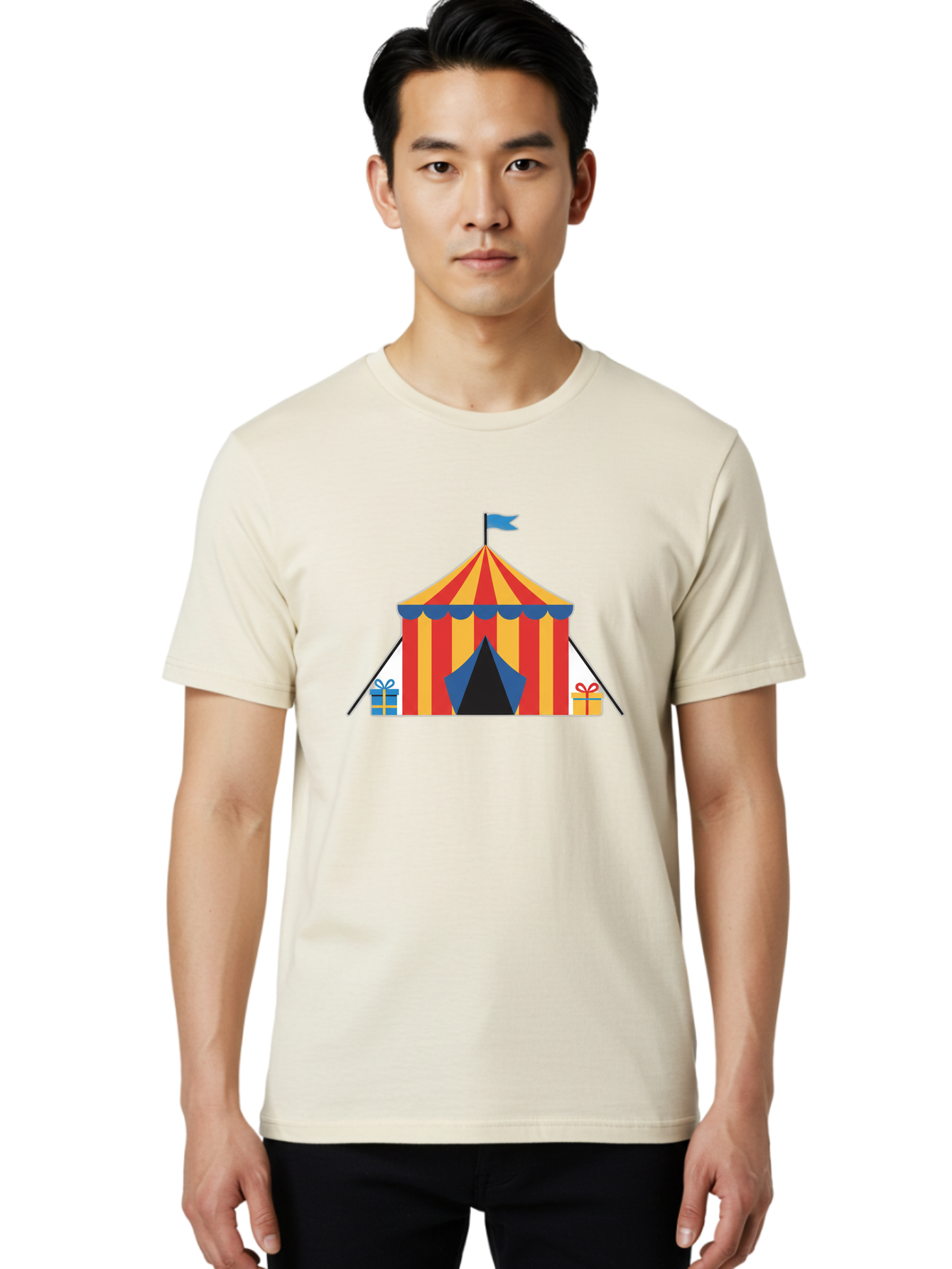 Circus-Tent-1 Men'S Graphic Tee, 100% Cotton, Comfortable Casual Summer Wear, Machine Washable, Circus Tent, Red And Yellow Stripes, Blue Flag, Blue Awning, Gift Boxes, Carnival Atmosphere, Festive Decorations, Colorful Illustration, Bac852