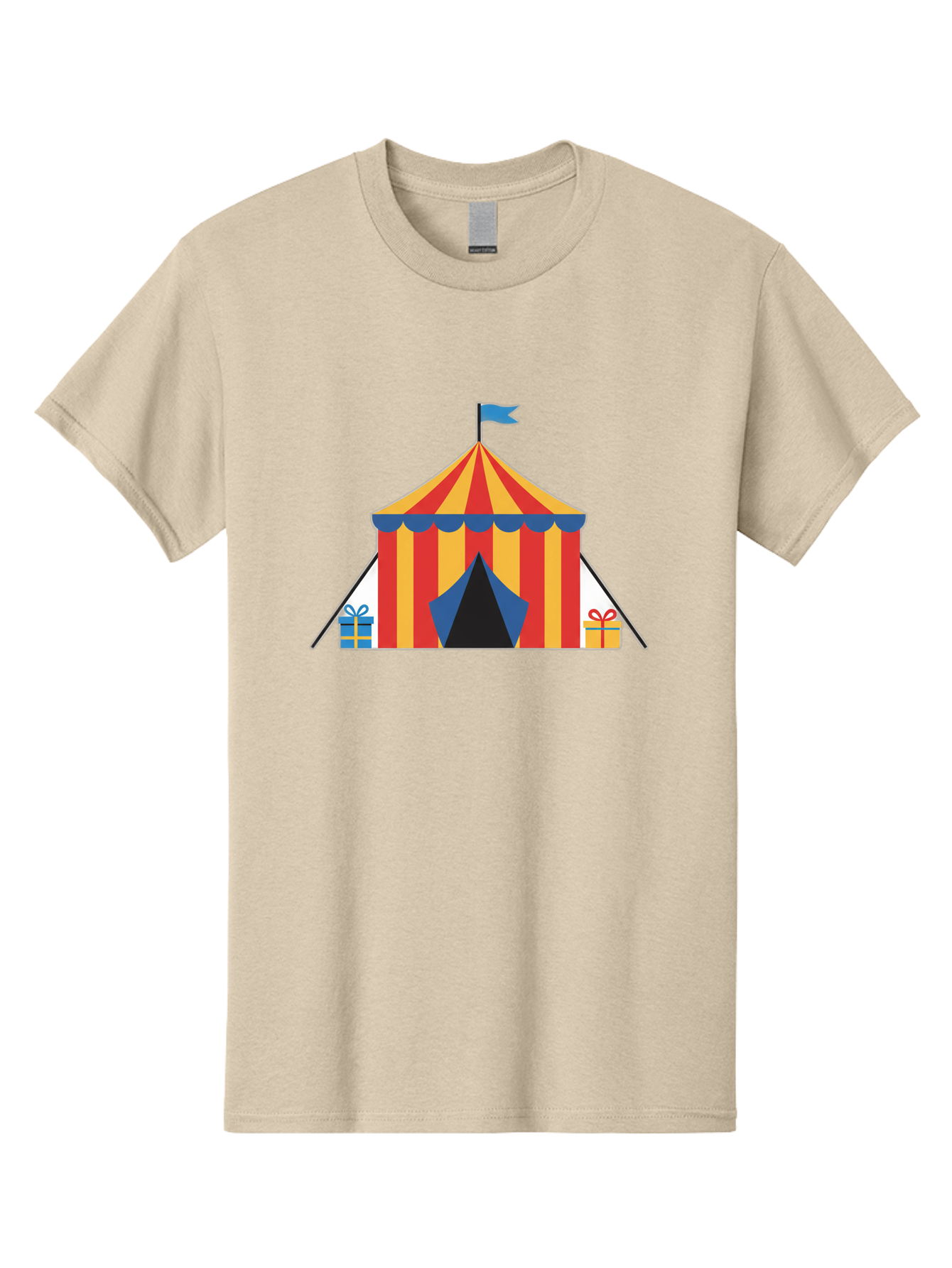Circus-Tent-1 Men'S Graphic Tee, 100% Cotton, Comfortable Casual Summer Wear, Machine Washable, Circus Tent, Red And Yellow Stripes, Blue Flag, Blue Awning, Gift Boxes, Carnival Atmosphere, Festive Decorations, Colorful Illustration, Bac852