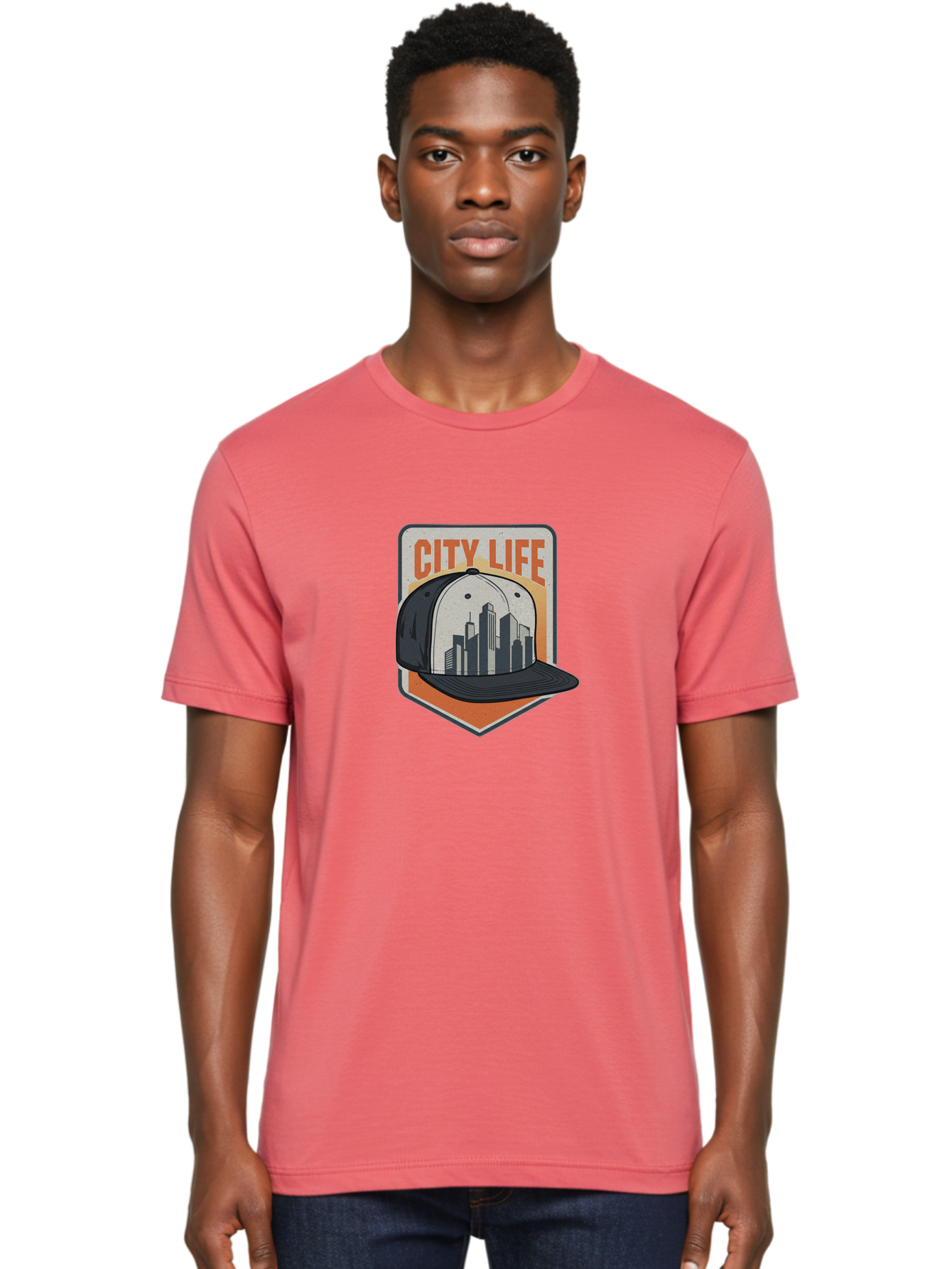 City-Life Men'S Graphic Tee, 100% Cotton, Comfortable Casual Summer Wear, Machine Washable, City Life, Urban Culture, Streetwear Fashion, Baseball Cap, Cityscape Design, Urban Lifestyle, City Vibes, Trendy Apparel Bac857