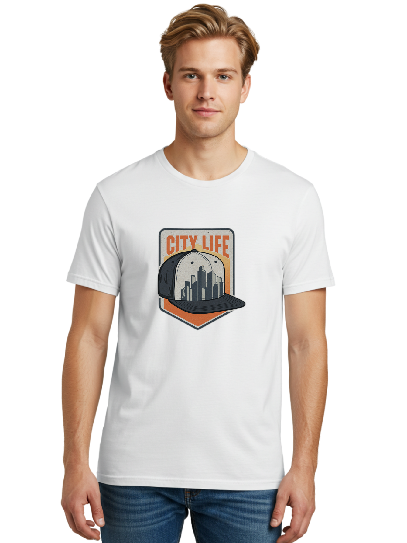 City-Life Men'S Graphic Tee, 100% Cotton, Comfortable Casual Summer Wear, Machine Washable, City Life, Urban Culture, Streetwear Fashion, Baseball Cap, Cityscape Design, Urban Lifestyle, City Vibes, Trendy Apparel Bac857