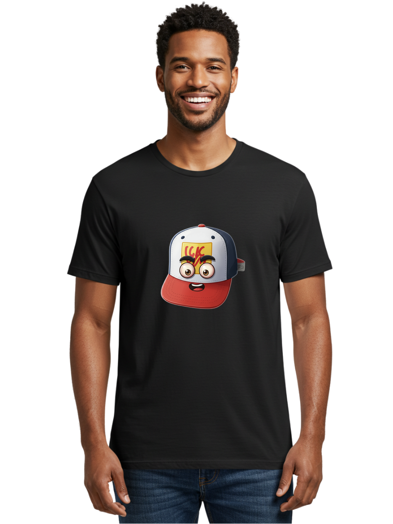 Ckc-Cap Men'S Graphic Tee, 100% Cotton, Comfortable Casual Summer Wear, Machine Washable, Cartoon Cap, Baseball Hat, Funny Face, Cartoon Eyes, Eyebrow Expression, Casual Wear, Trendy Accessory, Youth Culture, Pop Art, Kawaii Style Bac858