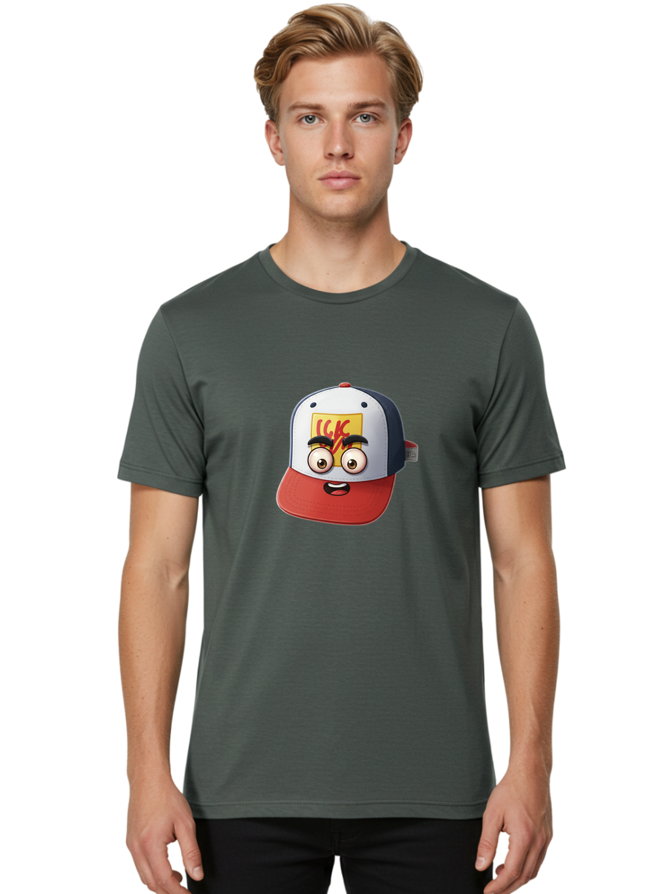 Ckc-Cap Men'S Graphic Tee, 100% Cotton, Comfortable Casual Summer Wear, Machine Washable, Cartoon Cap, Baseball Hat, Funny Face, Cartoon Eyes, Eyebrow Expression, Casual Wear, Trendy Accessory, Youth Culture, Pop Art, Kawaii Style Bac858