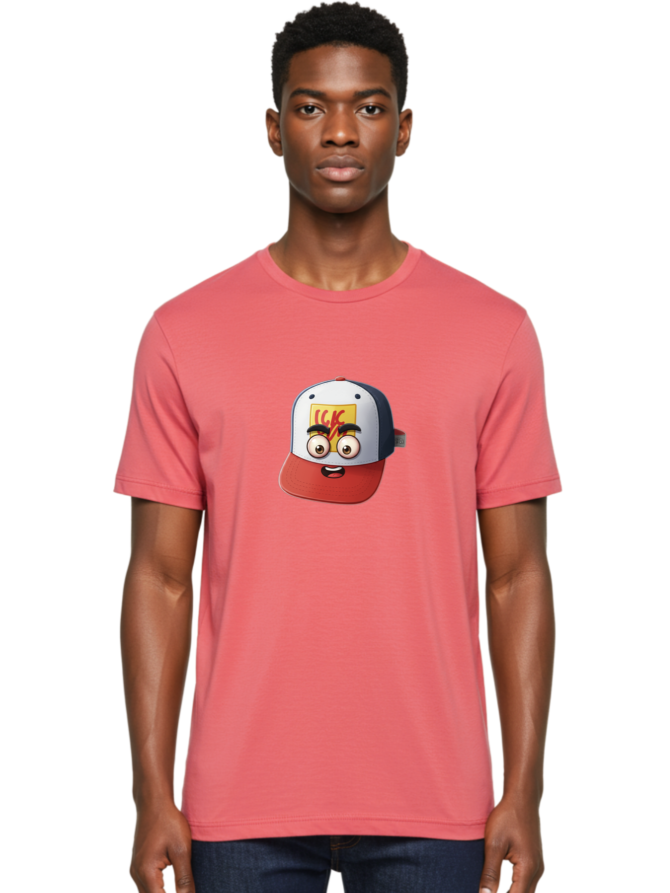 Ckc-Cap Men'S Graphic Tee, 100% Cotton, Comfortable Casual Summer Wear, Machine Washable, Cartoon Cap, Baseball Hat, Funny Face, Cartoon Eyes, Eyebrow Expression, Casual Wear, Trendy Accessory, Youth Culture, Pop Art, Kawaii Style Bac858