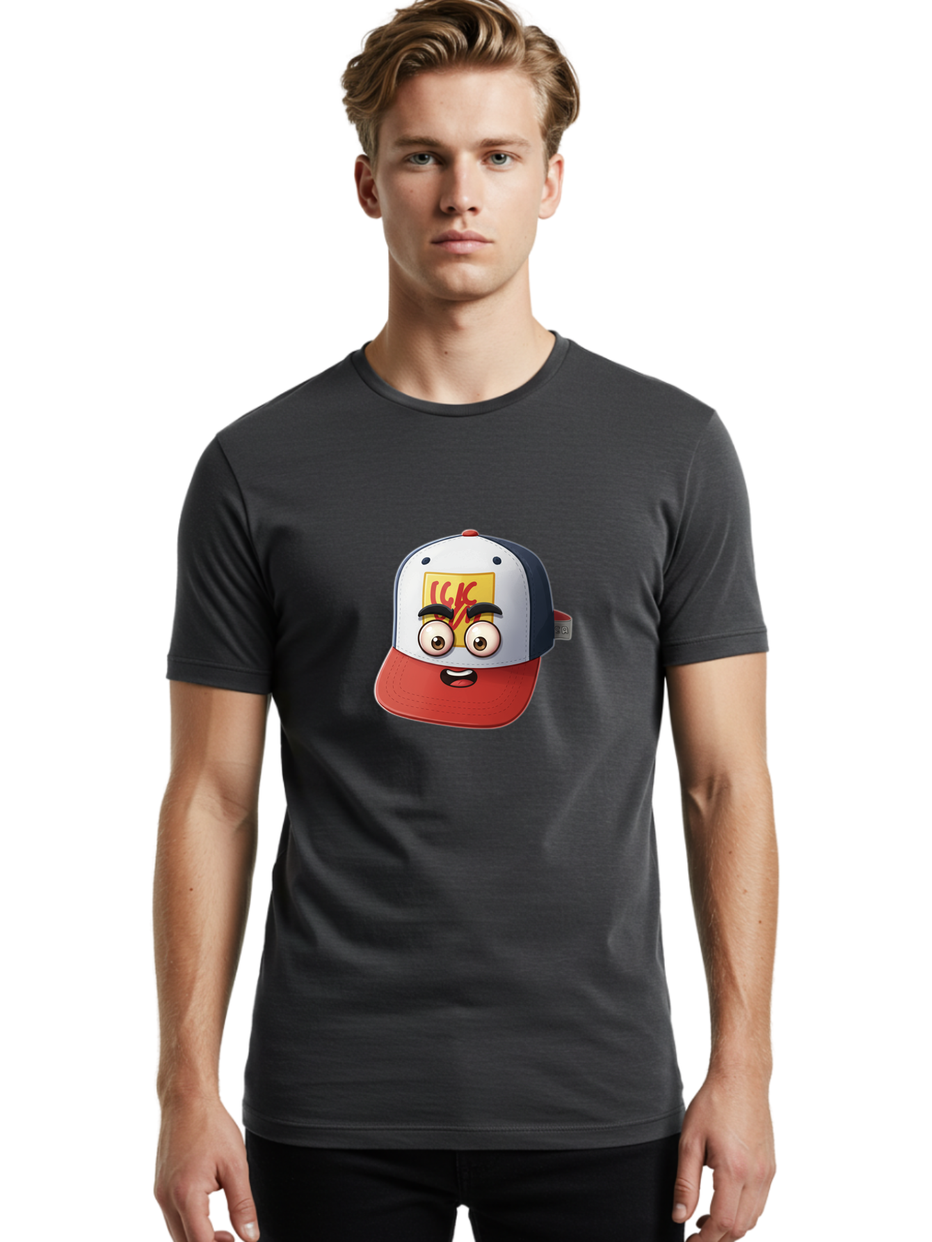 Ckc-Cap Men'S Graphic Tee, 100% Cotton, Comfortable Casual Summer Wear, Machine Washable, Cartoon Cap, Baseball Hat, Funny Face, Cartoon Eyes, Eyebrow Expression, Casual Wear, Trendy Accessory, Youth Culture, Pop Art, Kawaii Style Bac858