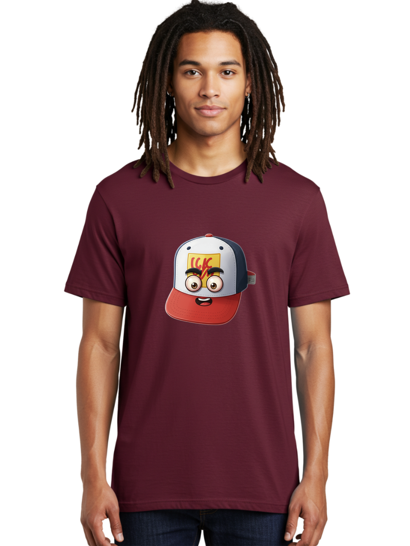 Ckc-Cap Men'S Graphic Tee, 100% Cotton, Comfortable Casual Summer Wear, Machine Washable, Cartoon Cap, Baseball Hat, Funny Face, Cartoon Eyes, Eyebrow Expression, Casual Wear, Trendy Accessory, Youth Culture, Pop Art, Kawaii Style Bac858
