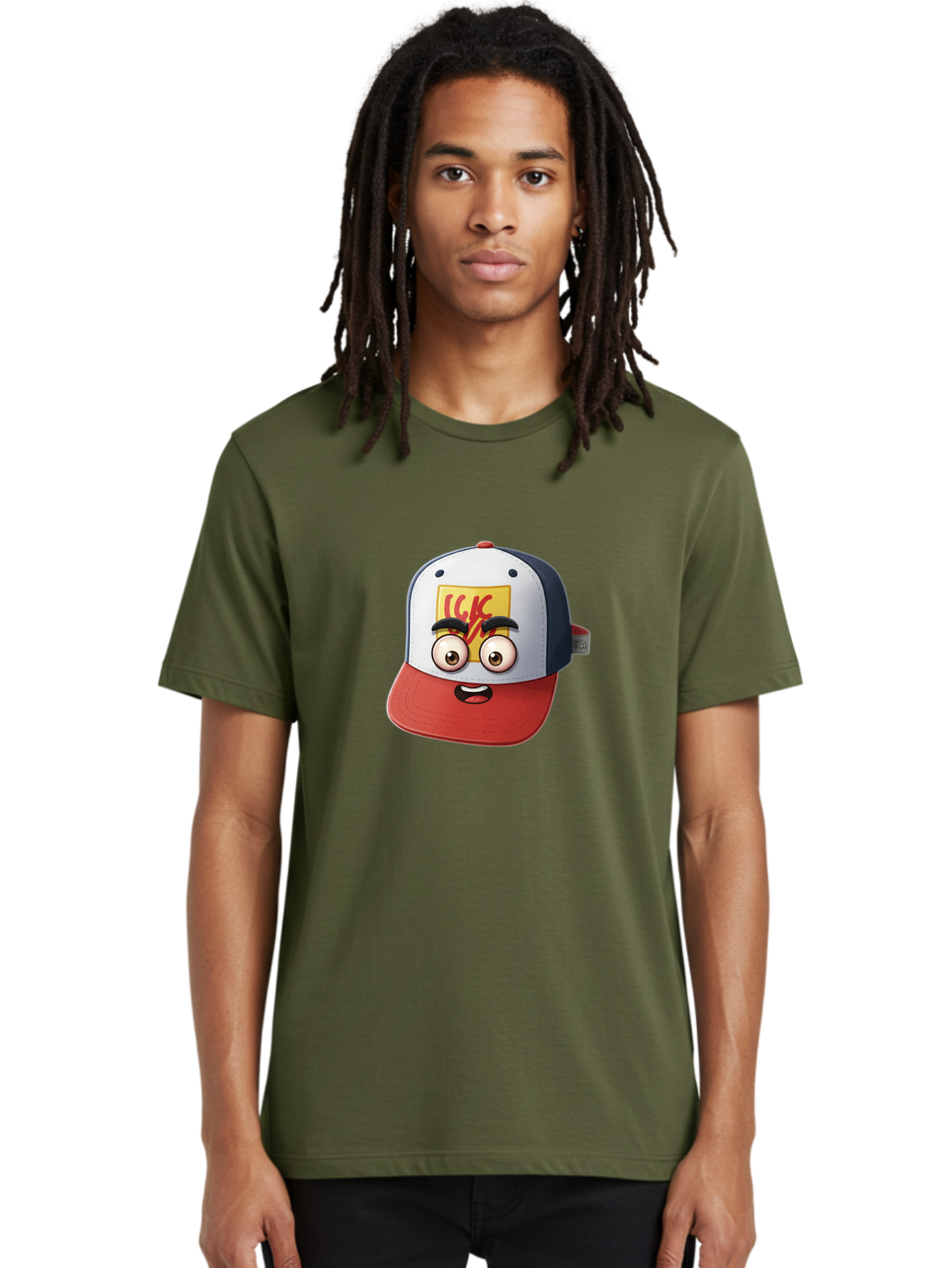 Ckc-Cap Men'S Graphic Tee, 100% Cotton, Comfortable Casual Summer Wear, Machine Washable, Cartoon Cap, Baseball Hat, Funny Face, Cartoon Eyes, Eyebrow Expression, Casual Wear, Trendy Accessory, Youth Culture, Pop Art, Kawaii Style Bac858