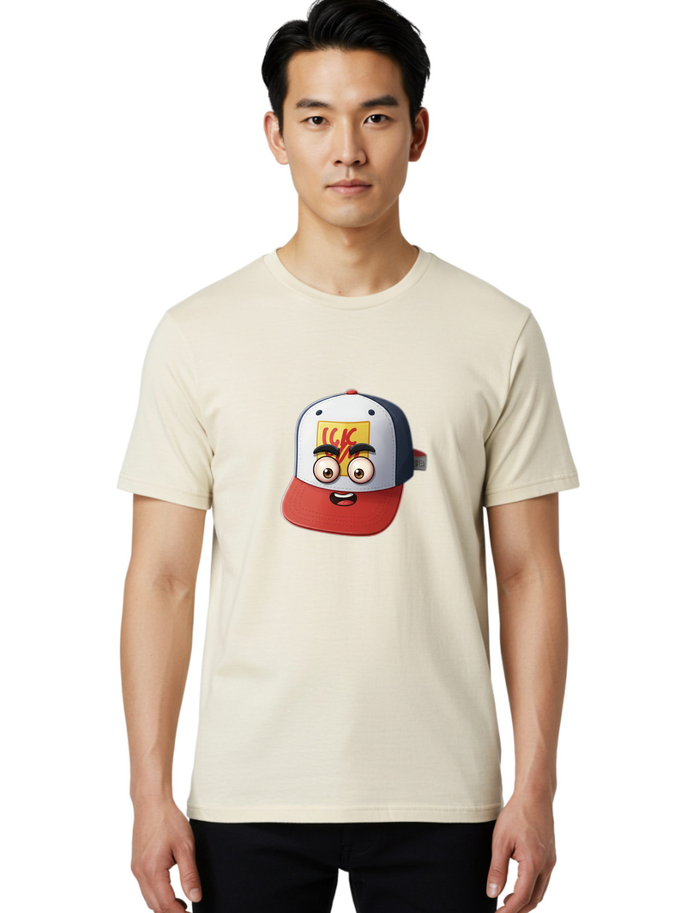Ckc-Cap Men'S Graphic Tee, 100% Cotton, Comfortable Casual Summer Wear, Machine Washable, Cartoon Cap, Baseball Hat, Funny Face, Cartoon Eyes, Eyebrow Expression, Casual Wear, Trendy Accessory, Youth Culture, Pop Art, Kawaii Style Bac858