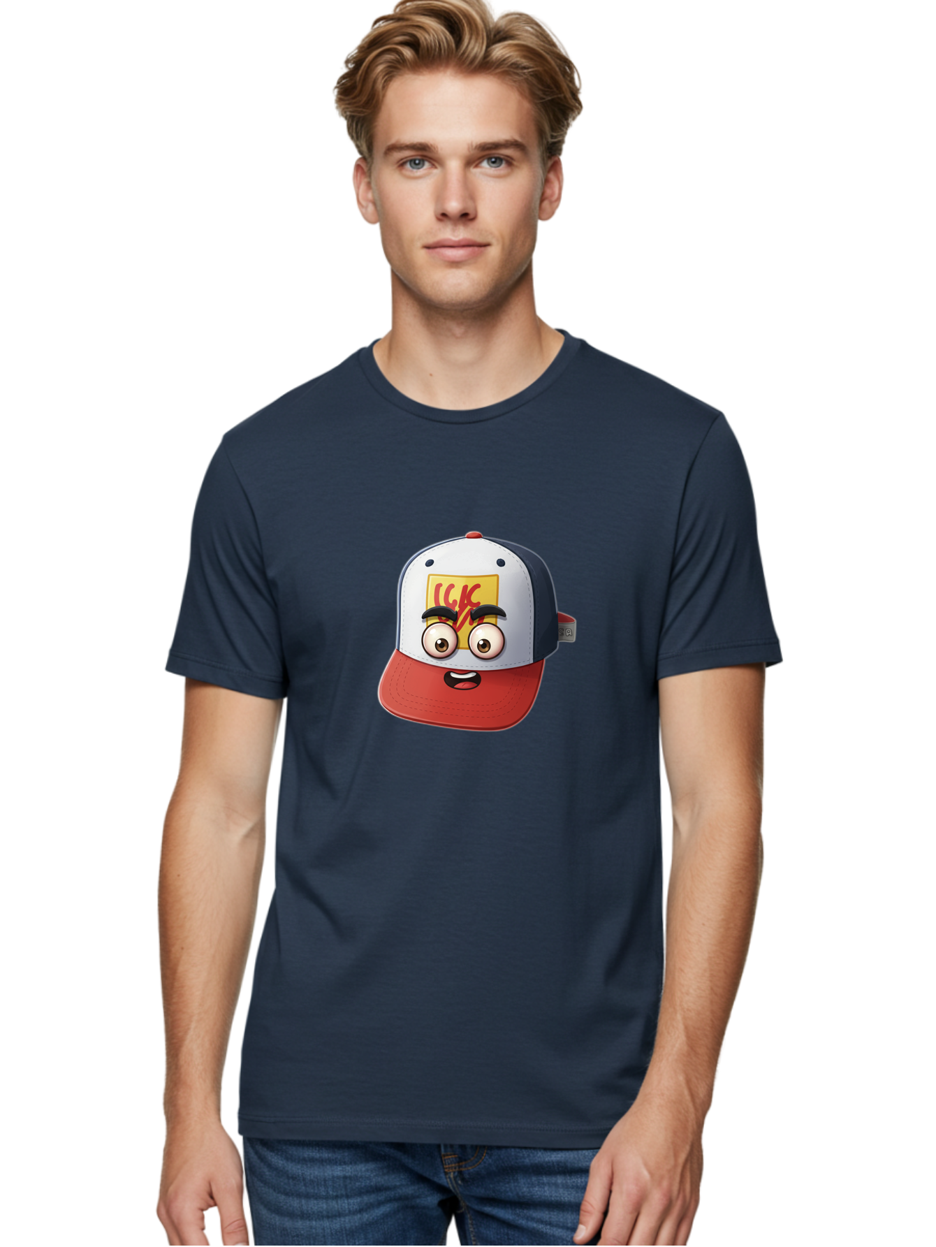 Ckc-Cap Men'S Graphic Tee, 100% Cotton, Comfortable Casual Summer Wear, Machine Washable, Cartoon Cap, Baseball Hat, Funny Face, Cartoon Eyes, Eyebrow Expression, Casual Wear, Trendy Accessory, Youth Culture, Pop Art, Kawaii Style Bac858