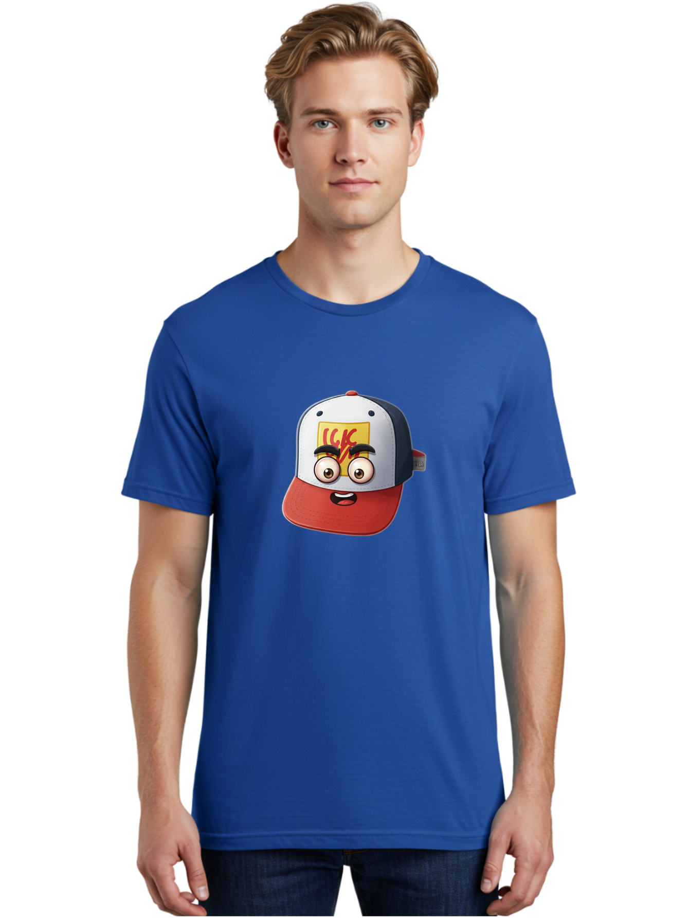 Ckc-Cap Men'S Graphic Tee, 100% Cotton, Comfortable Casual Summer Wear, Machine Washable, Cartoon Cap, Baseball Hat, Funny Face, Cartoon Eyes, Eyebrow Expression, Casual Wear, Trendy Accessory, Youth Culture, Pop Art, Kawaii Style Bac858