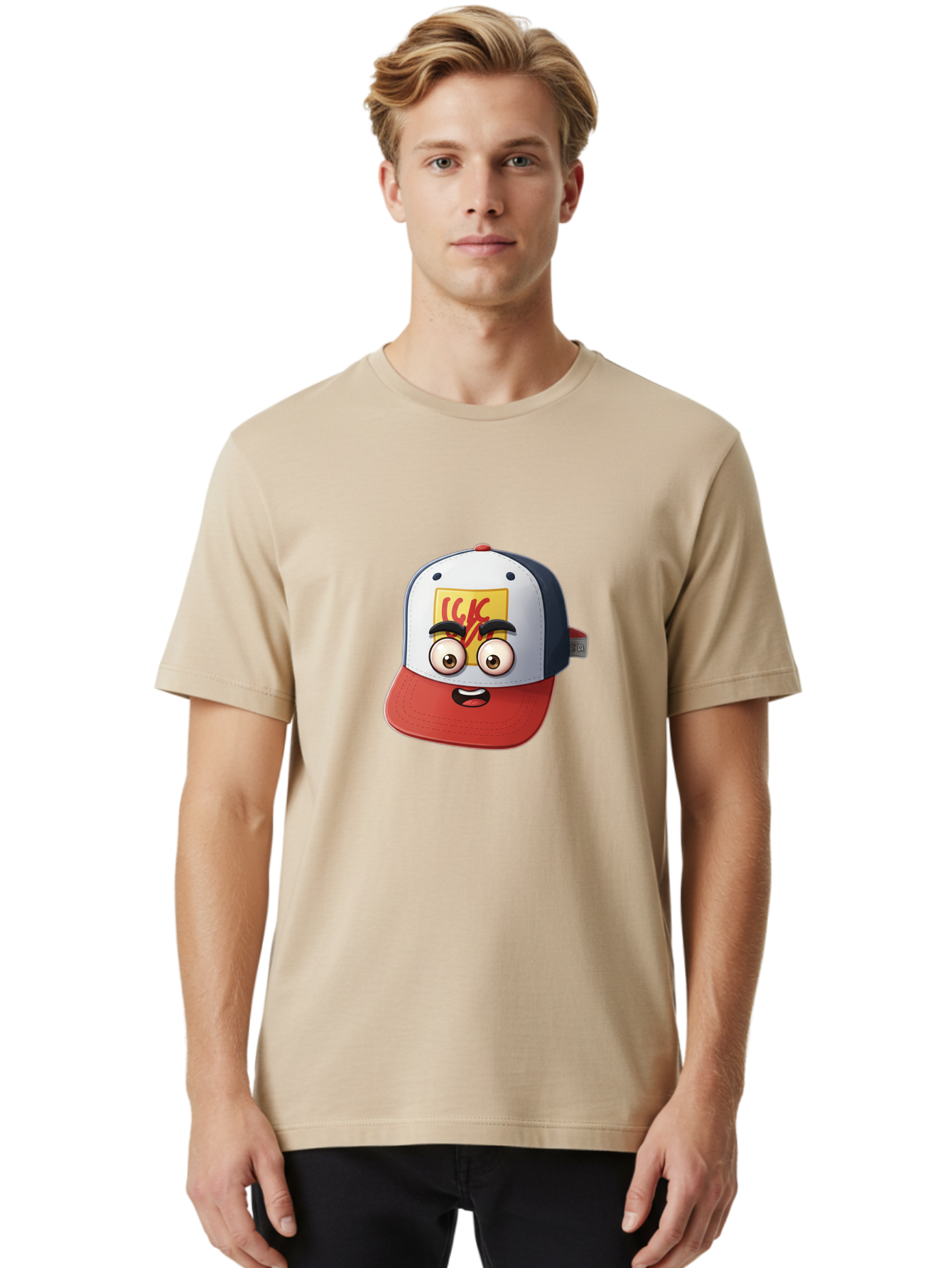 Ckc-Cap Men'S Graphic Tee, 100% Cotton, Comfortable Casual Summer Wear, Machine Washable, Cartoon Cap, Baseball Hat, Funny Face, Cartoon Eyes, Eyebrow Expression, Casual Wear, Trendy Accessory, Youth Culture, Pop Art, Kawaii Style Bac858