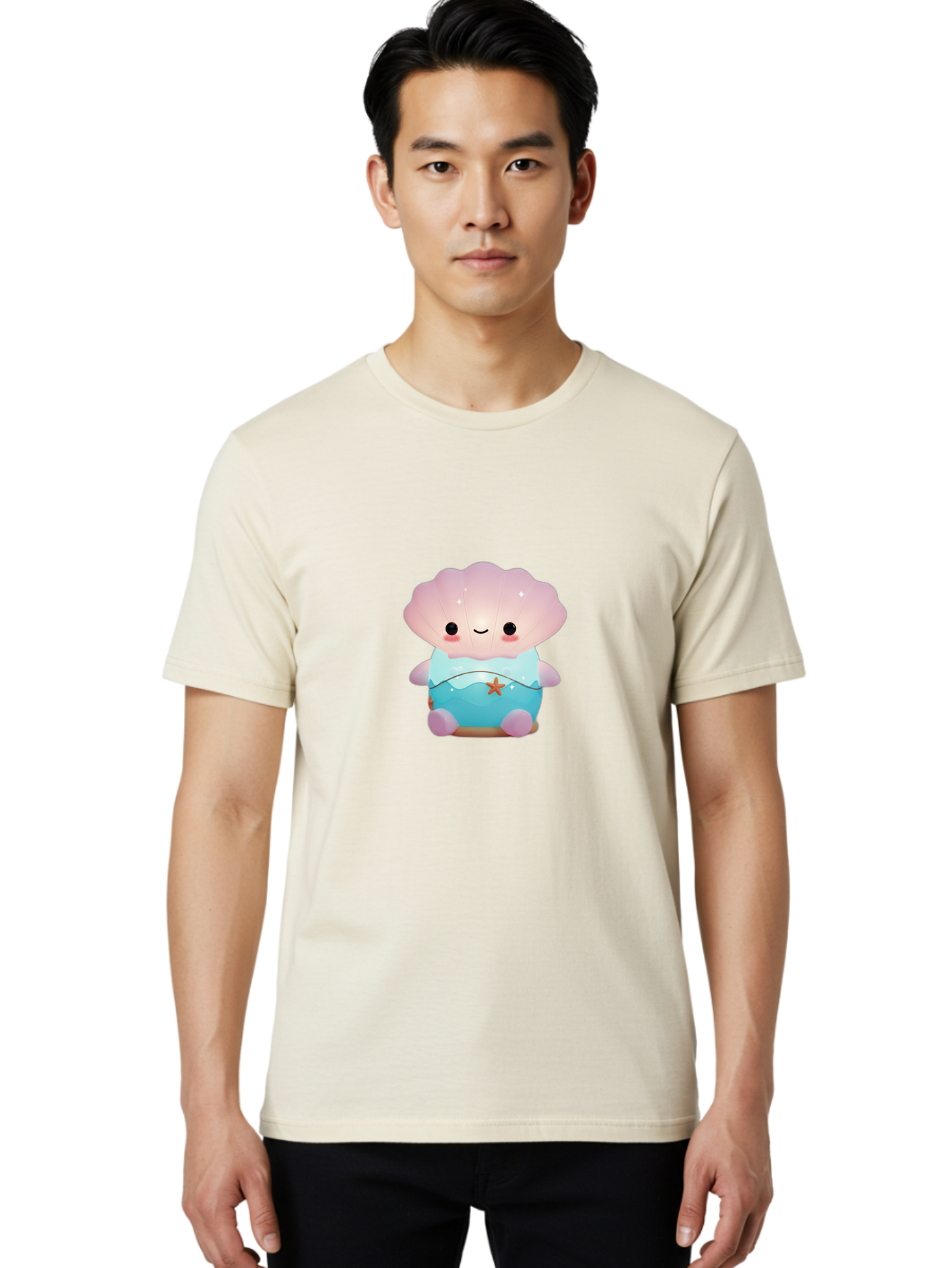 Clamshell-Character Men'S Graphic Tee, 100% Cotton, Comfortable Casual Summer Wear, Machine Washable, Soft Pink Jellyfish, Night Light, Soothing Ambiance, Underwater Decor, Ocean-Inspired Design, Peaceful Lighting, Cozy Bedroom, Bac859