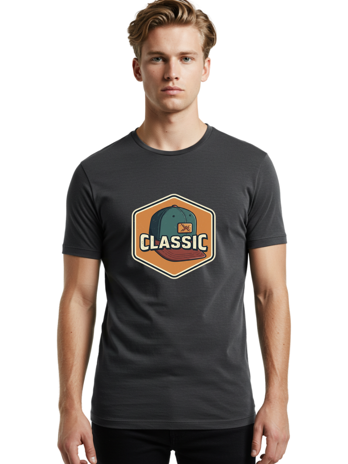 Classic Men'S Graphic Tee, 100% Cotton, Comfortable Casual Summer Wear, Machine Washable, Baseball Cap, Classic Style, Vintage Fashion, Retro Clothing, Casual Wear, Hat Logo, Apparel Branding, Nostalgic Design Bac860