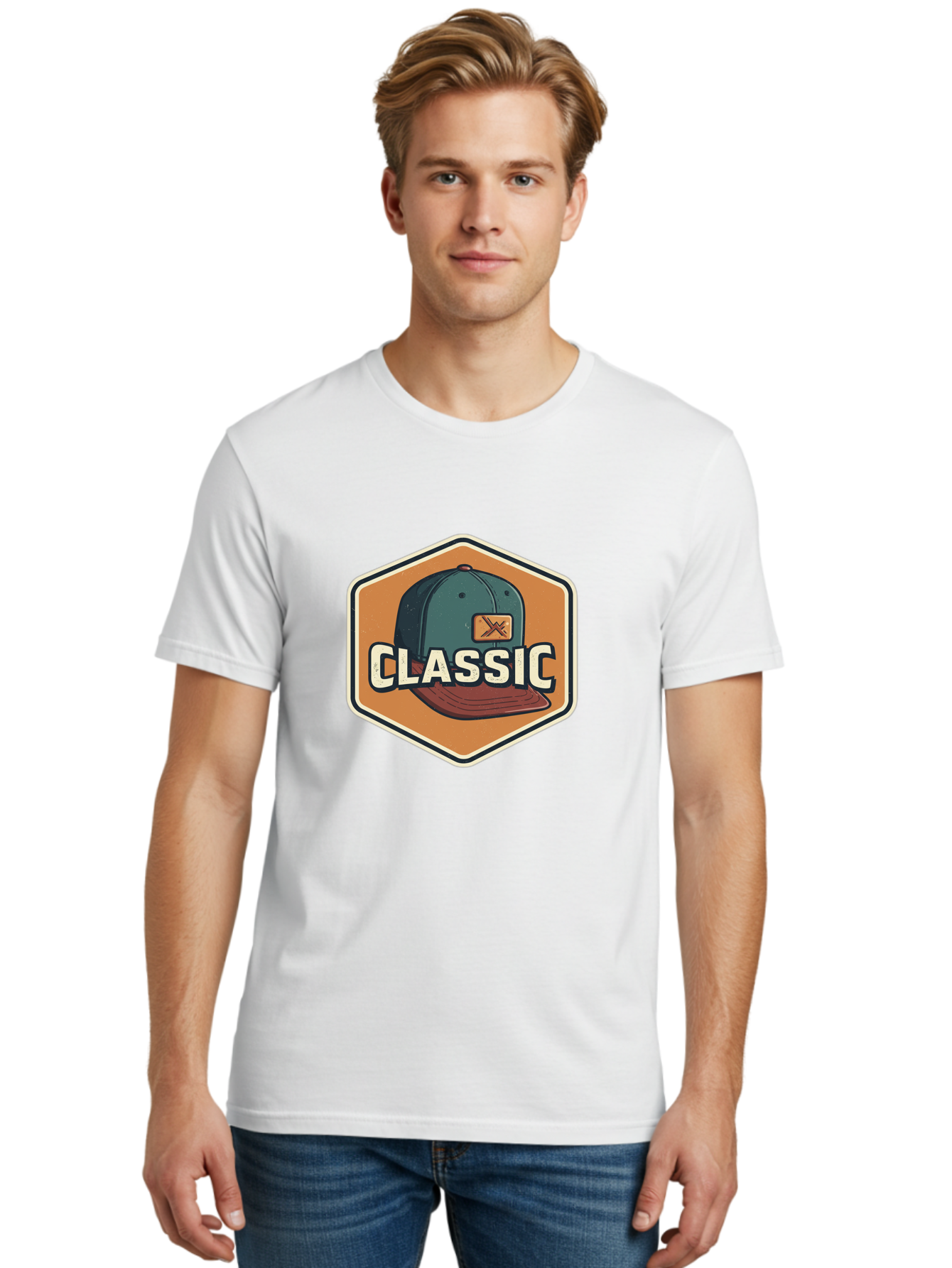 Classic Men'S Graphic Tee, 100% Cotton, Comfortable Casual Summer Wear, Machine Washable, Baseball Cap, Classic Style, Vintage Fashion, Retro Clothing, Casual Wear, Hat Logo, Apparel Branding, Nostalgic Design Bac860