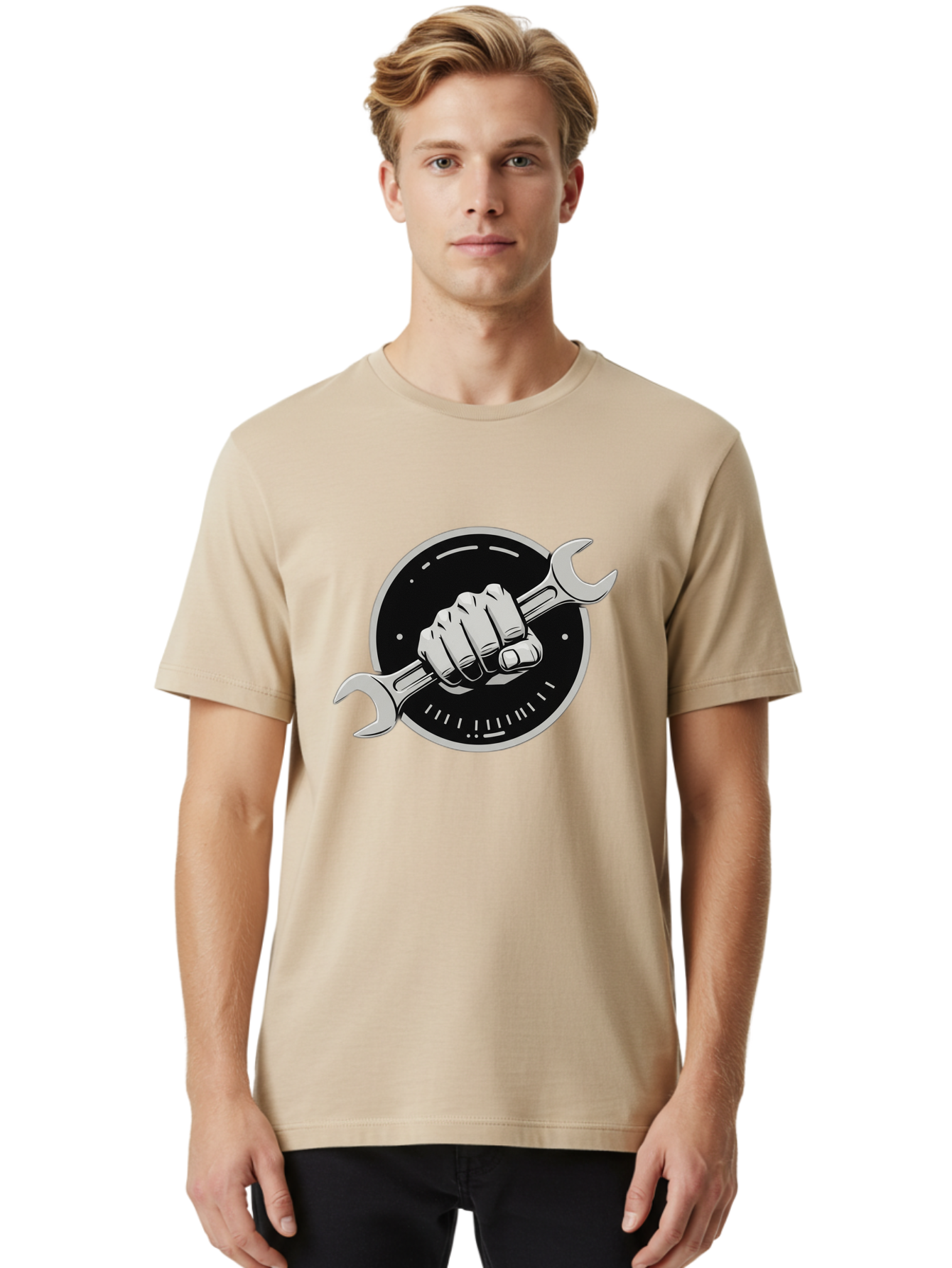 Clenched-Fist-Wrench Men'S Graphic Tee, 100% Cotton, Comfortable Casual Summer Wear, Machine Washable, Hand Holding Wrench, Fist With Spanner, Mechanic Symbol, Repair Logo, Diy Emblem, Tool Icon, Maintenance Graphics, Handyman Sign Bac862
