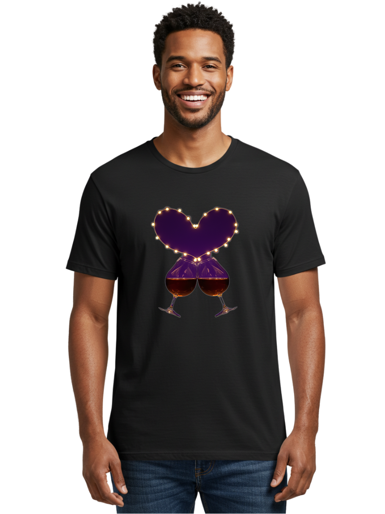 Clinking-Wine-Glasses-Heart Men'S Graphic Tee, 100% Cotton, Comfortable Casual Summer Wear, Machine Washable, Wine Glasses Cheers, Romantic Evening, Couple'S Night, Love Is In The Air, Sharing A Drink, Togetherness, Valentine'S Day Gift, Bac863