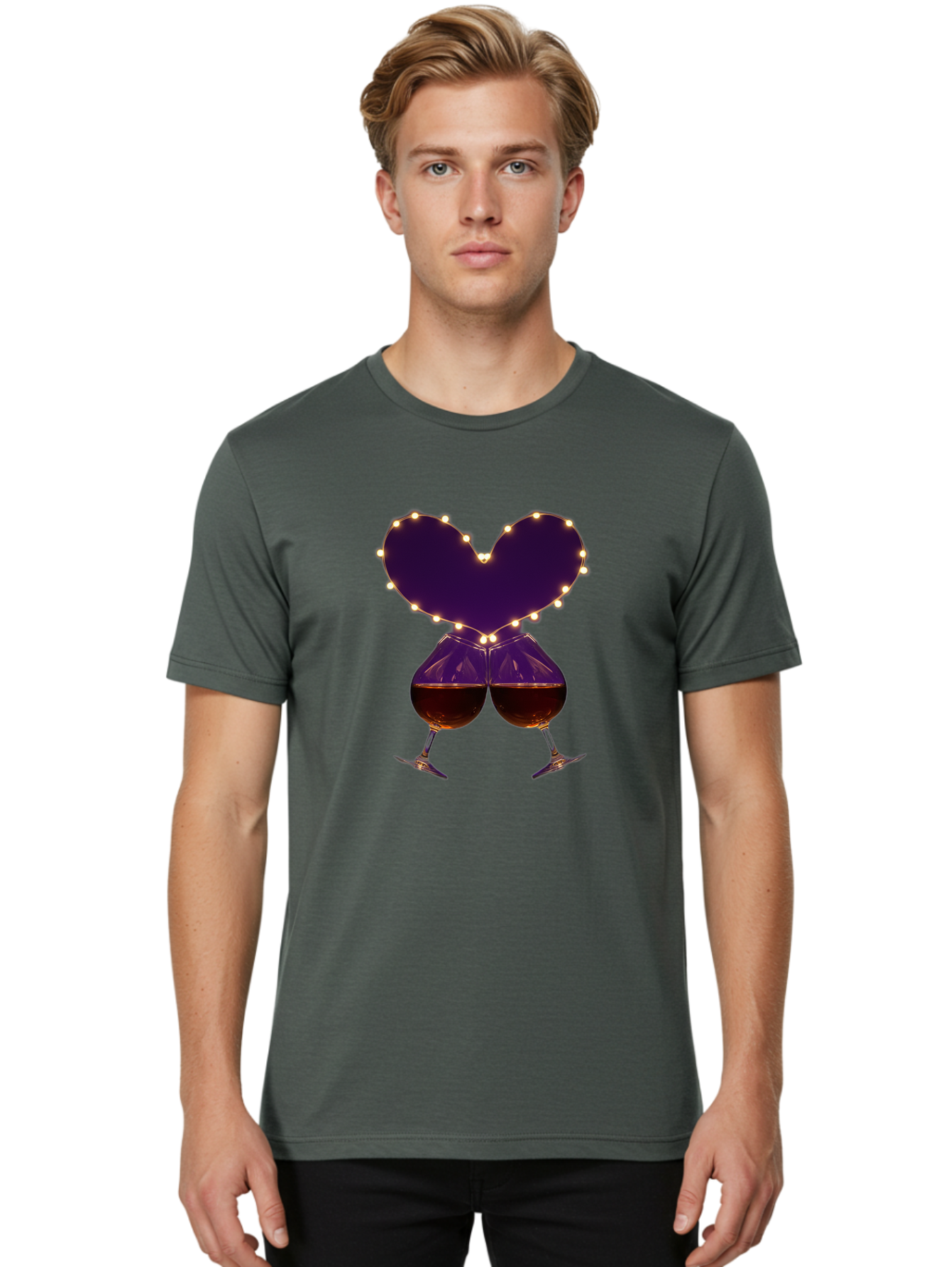 Clinking-Wine-Glasses-Heart Men'S Graphic Tee, 100% Cotton, Comfortable Casual Summer Wear, Machine Washable, Wine Glasses Cheers, Romantic Evening, Couple'S Night, Love Is In The Air, Sharing A Drink, Togetherness, Valentine'S Day Gift, Bac863