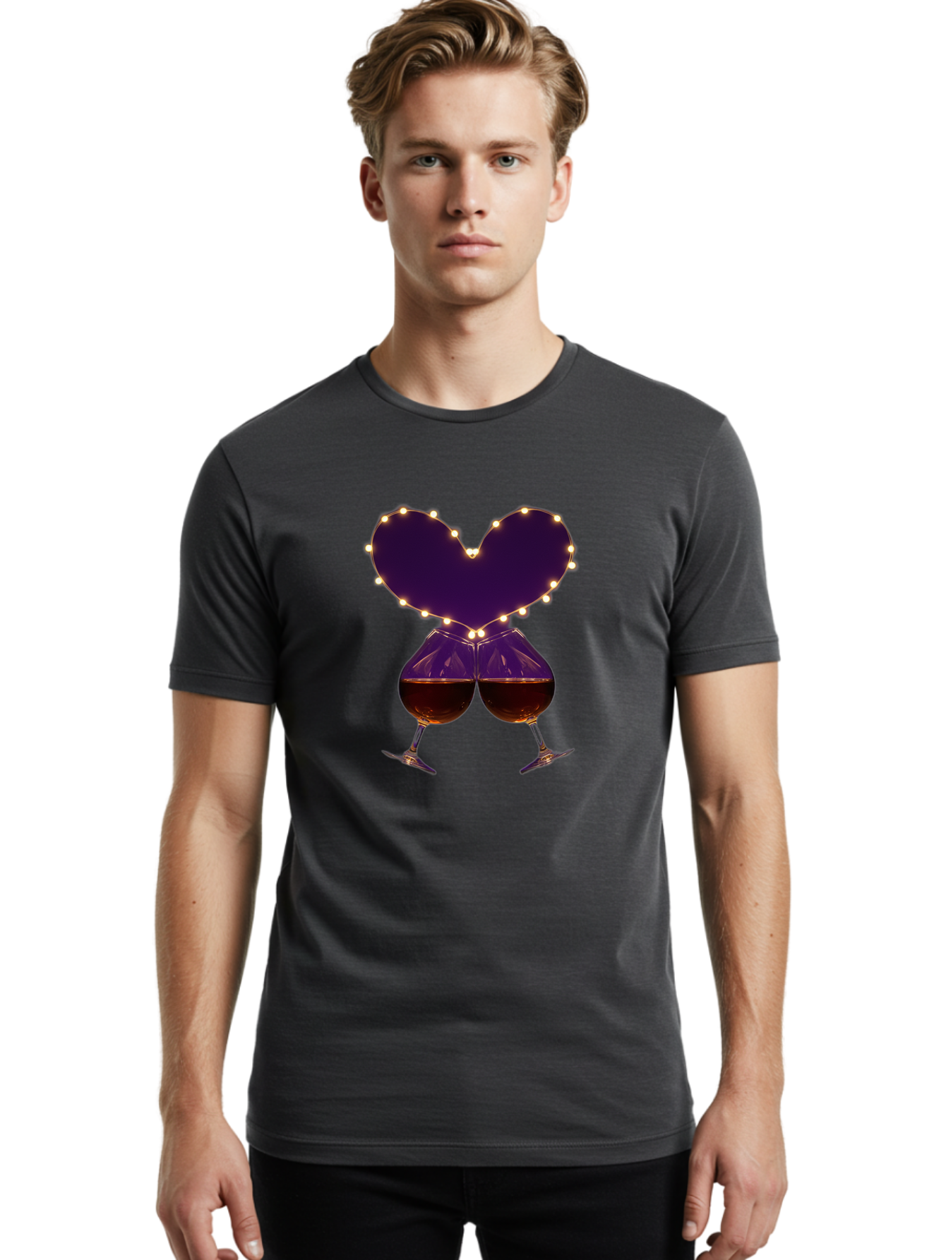 Clinking-Wine-Glasses-Heart Men'S Graphic Tee, 100% Cotton, Comfortable Casual Summer Wear, Machine Washable, Wine Glasses Cheers, Romantic Evening, Couple'S Night, Love Is In The Air, Sharing A Drink, Togetherness, Valentine'S Day Gift, Bac863